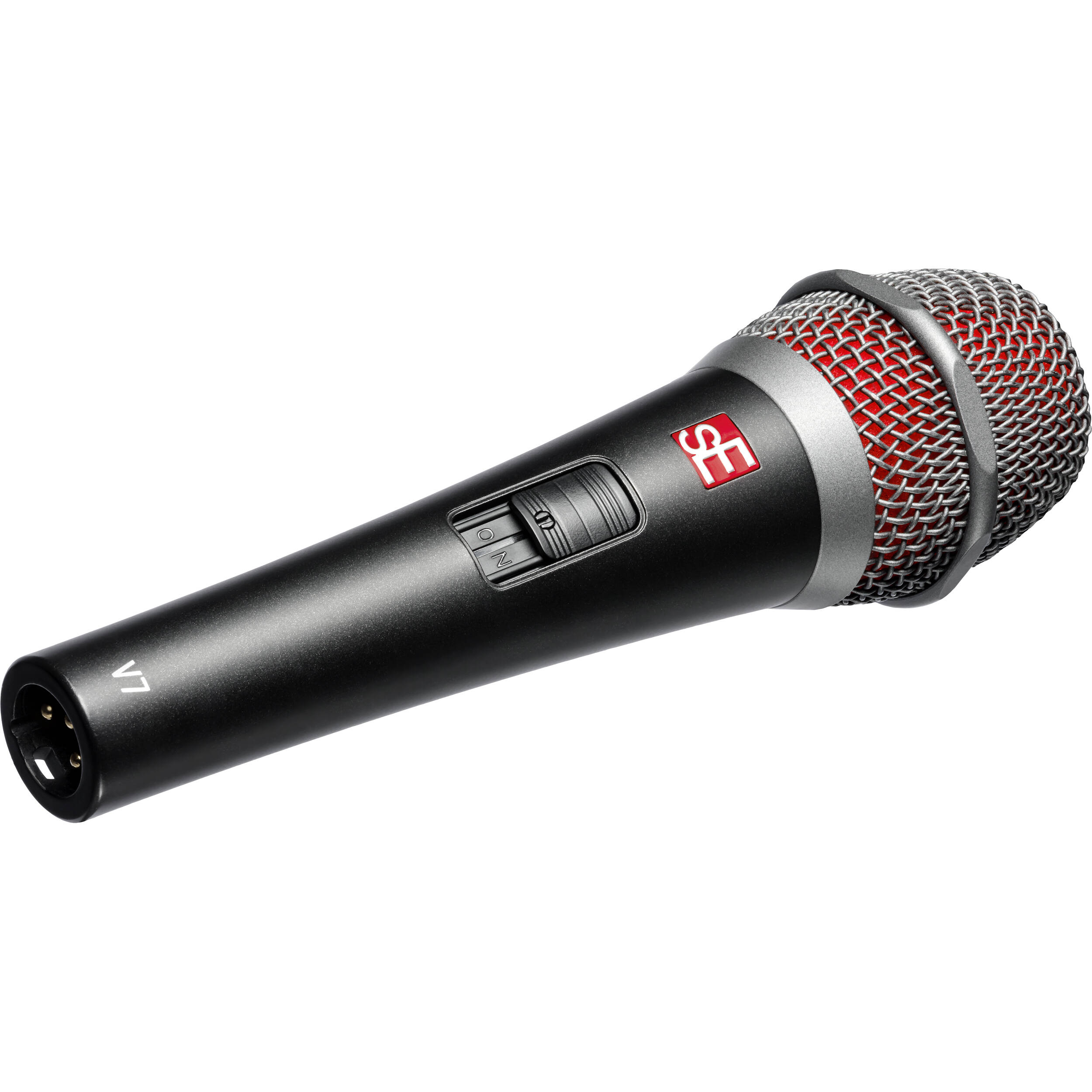 SE Electronics V7 dynamic microphone with switch, showing a professional black microphone with a metal grille and control switch.