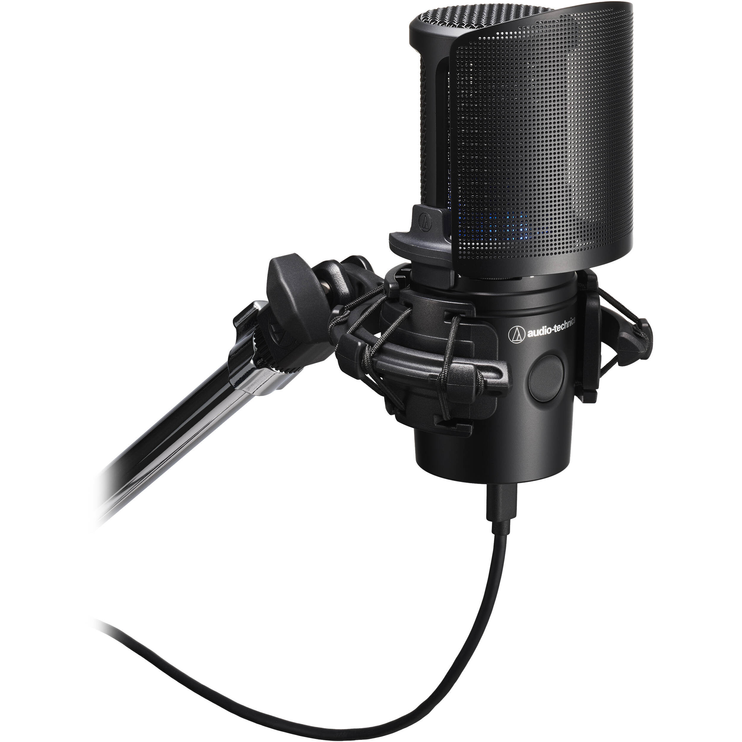 Audio Technica AT8175 microphone pop filter attached to microphone, reducing noise and plosive sounds during recording.