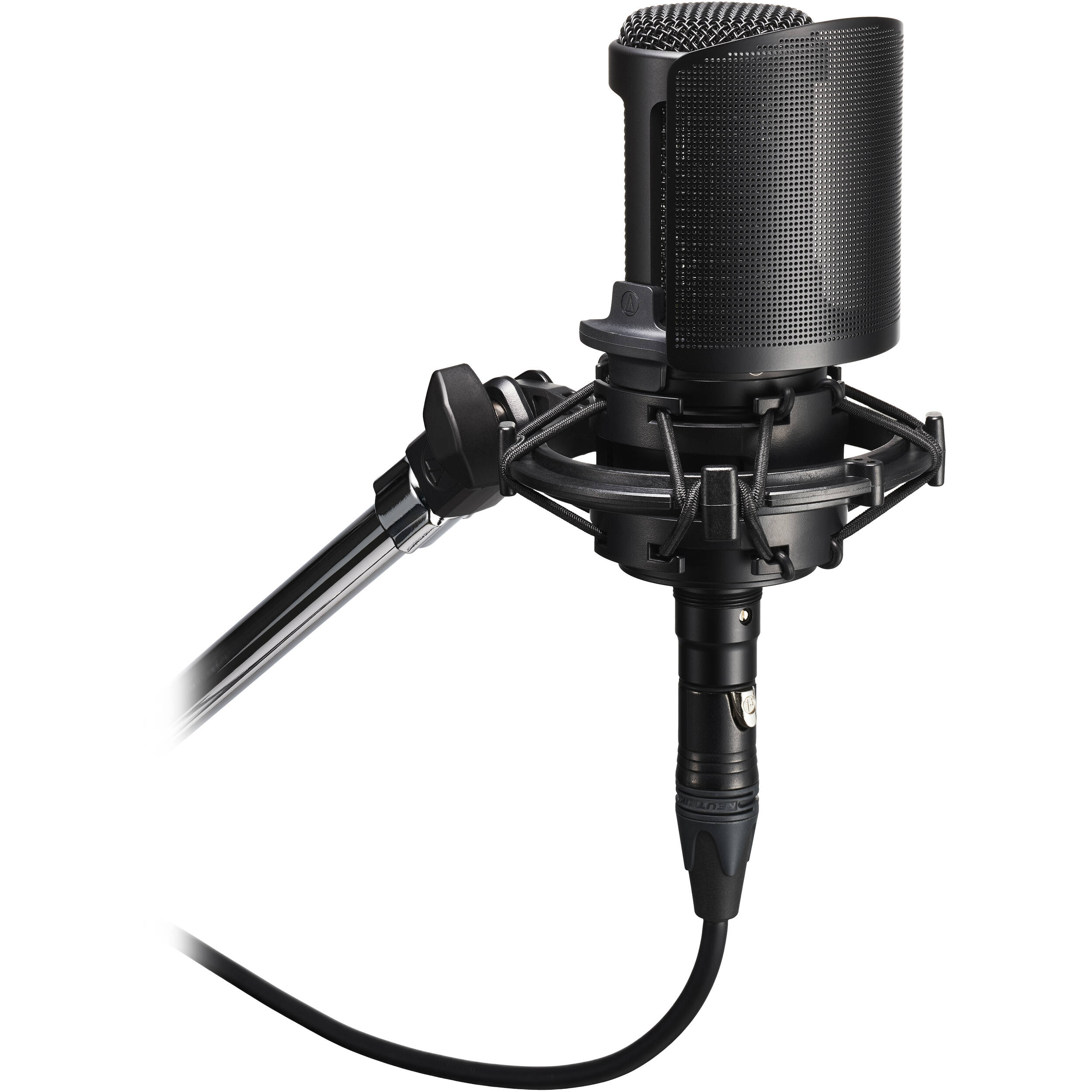Audio Technica AT8175 microphone pop filter attached to a microphone, reducing plosive sounds during vocal recording.