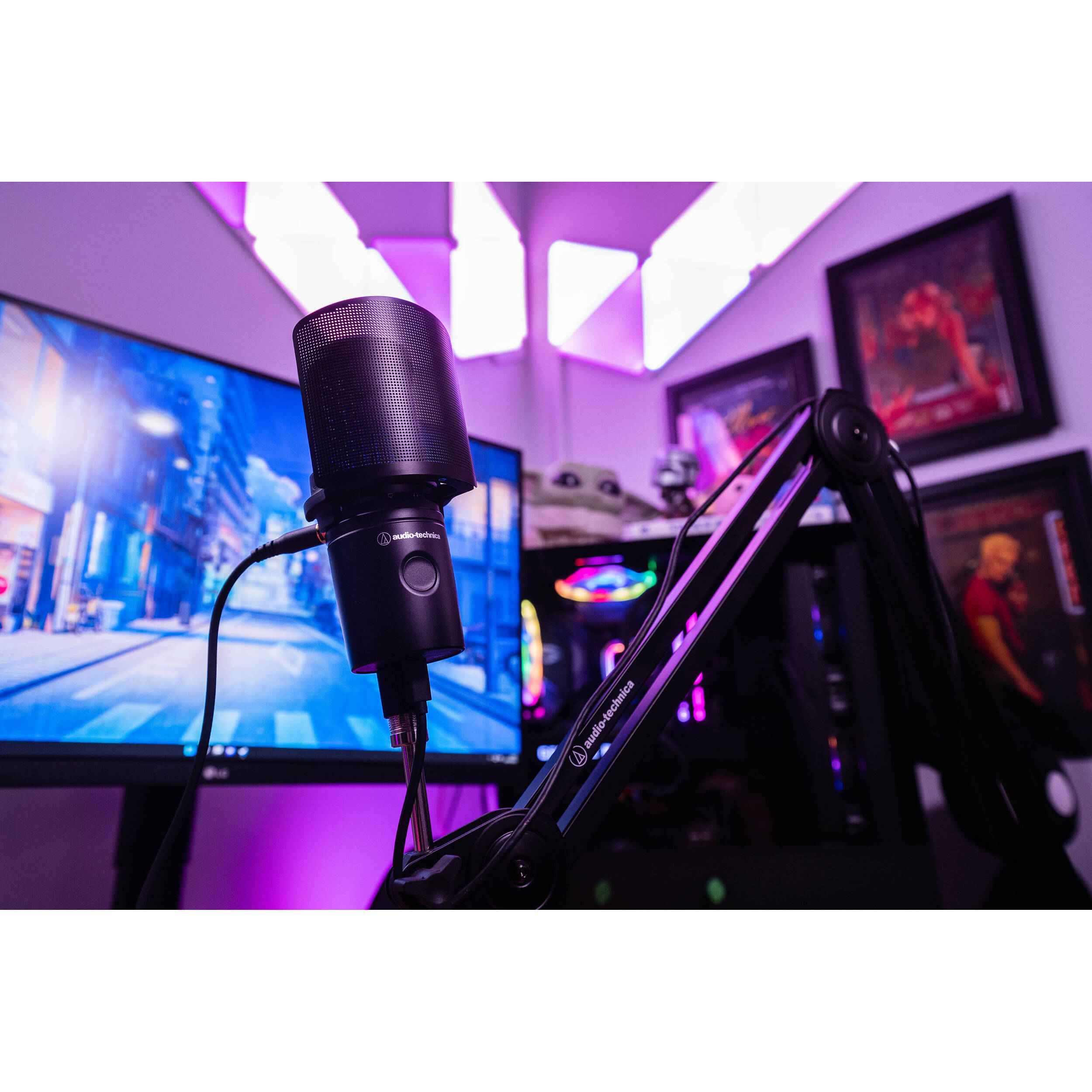 Audio Technica AT8175 microphone pop filter attached to a microphone, reducing unwanted noise during vocal recording.