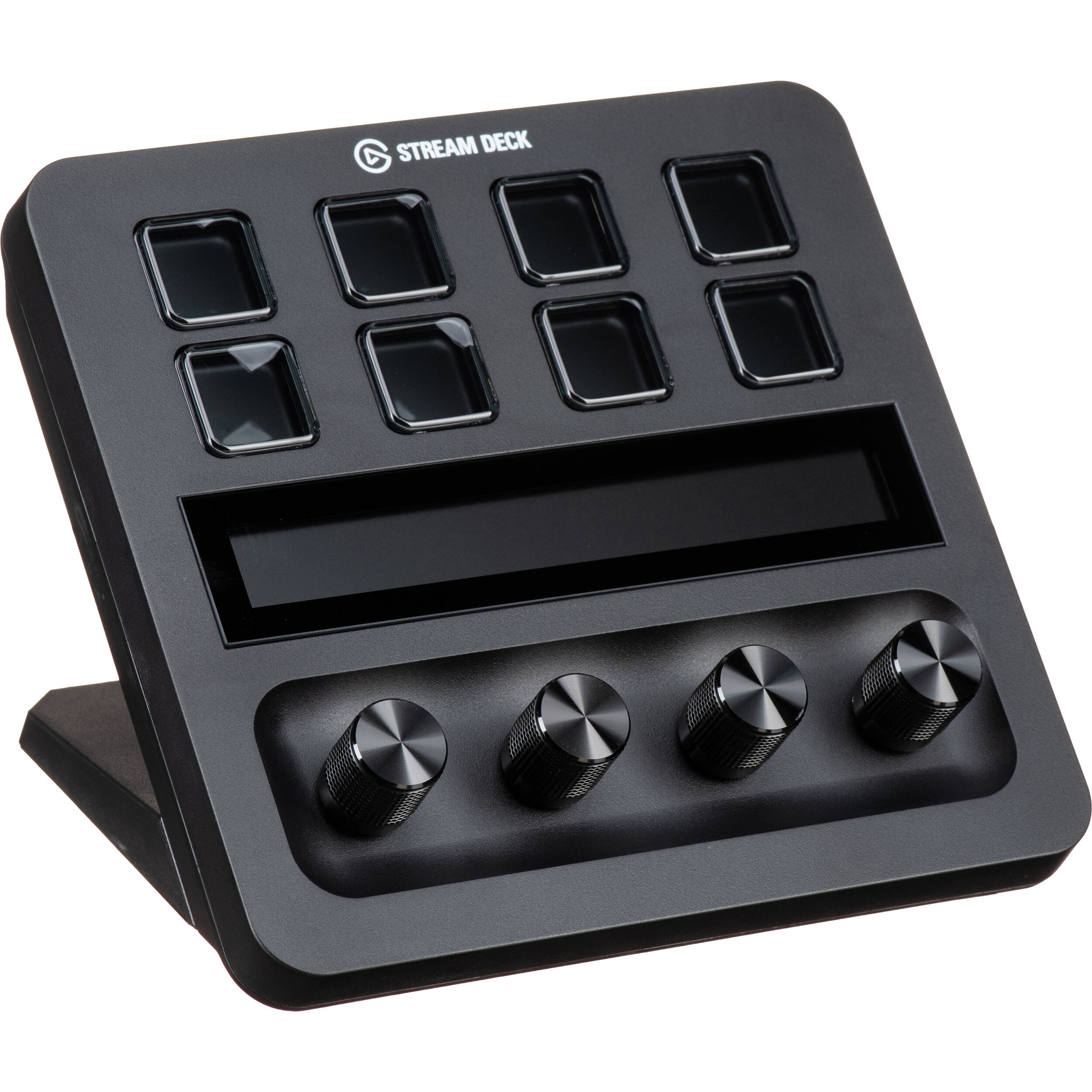 Elgato Stream Deck+ video editing controller with customizable buttons and vibrant display, used for stream and content creation.