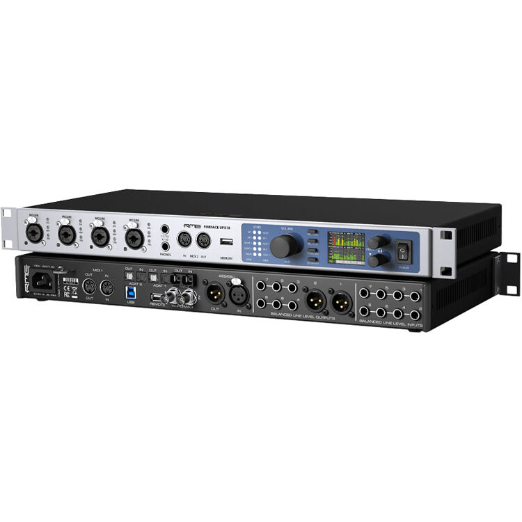 RME Fireface UFX III audio interface with multiple input and output ports, professional-grade audio hardware for music production.