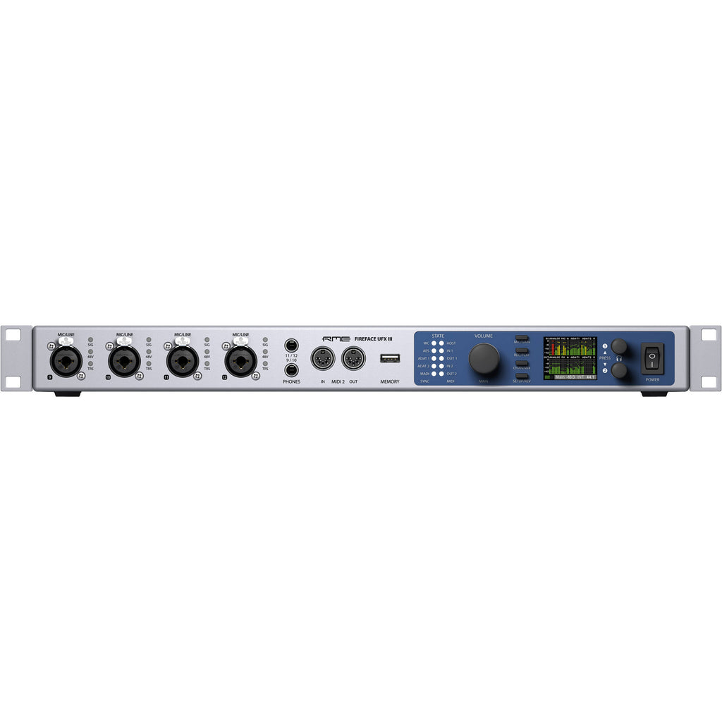 RME Fireface UFX III audio interface with multiple input and output ports, professional-grade recording equipment.