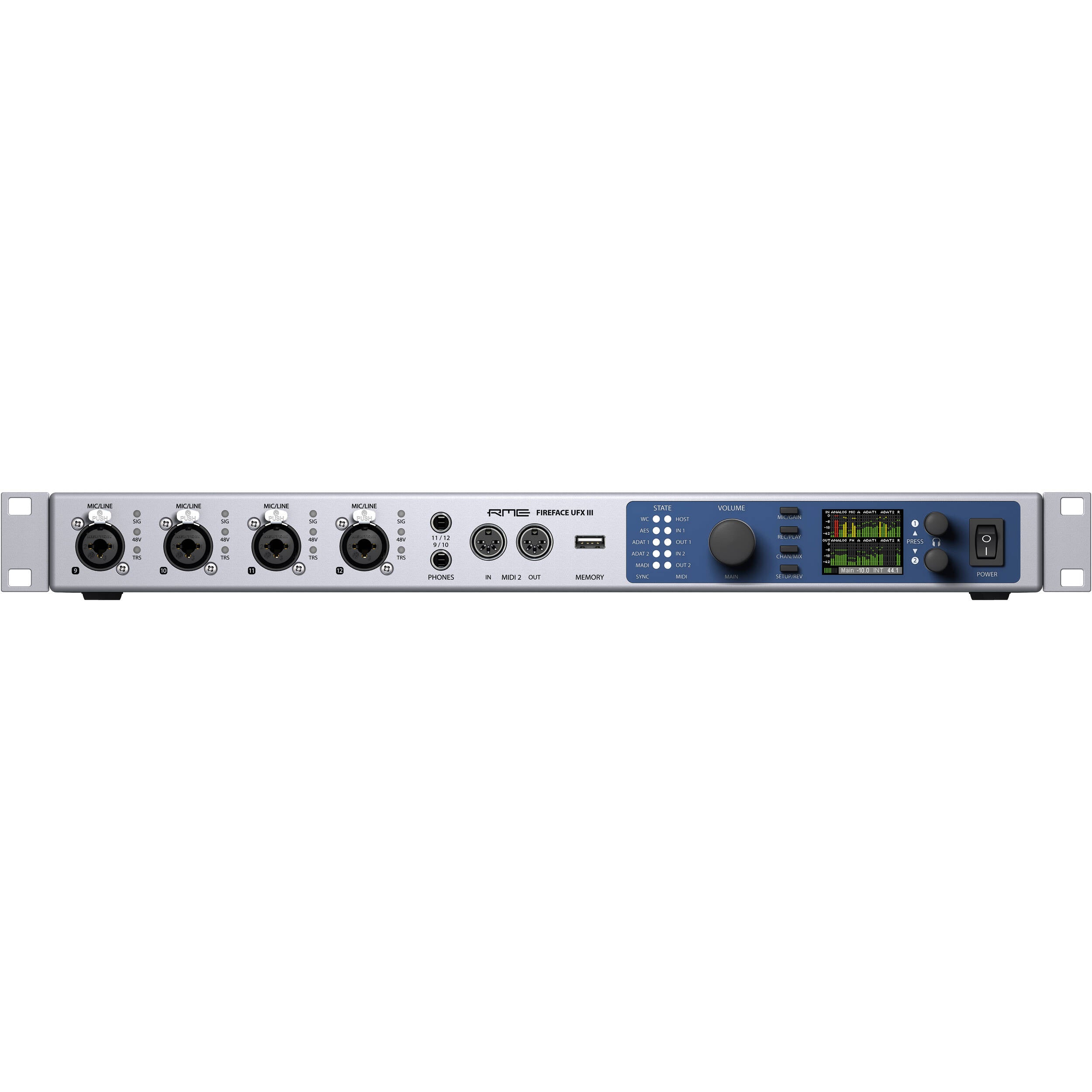 RME Fireface UFX III audio interface with multiple input and output ports, professional-grade recording equipment.