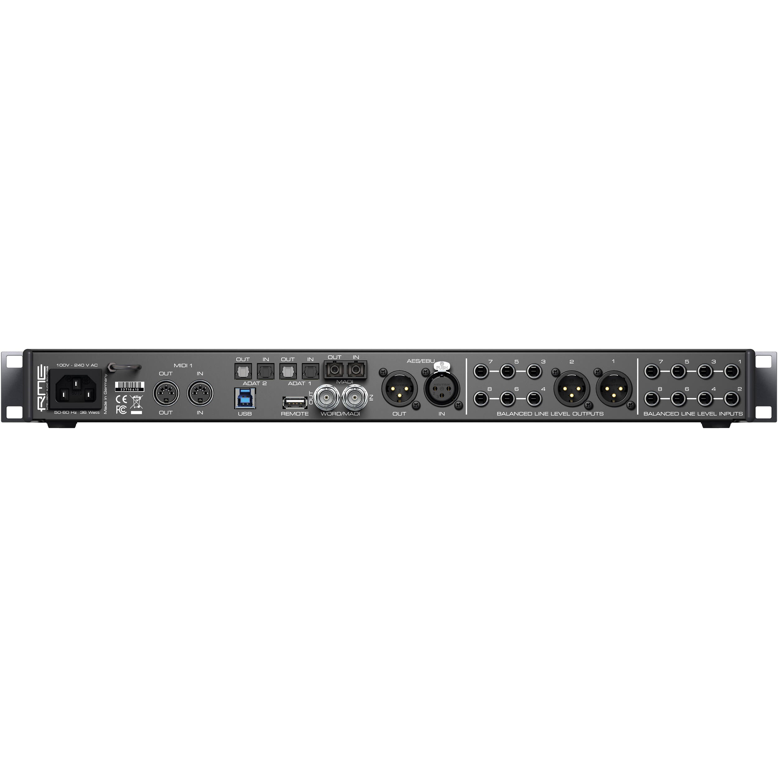 RME Fireface UFX III audio interface showing front panel with multiple input/output connectors and control knobs