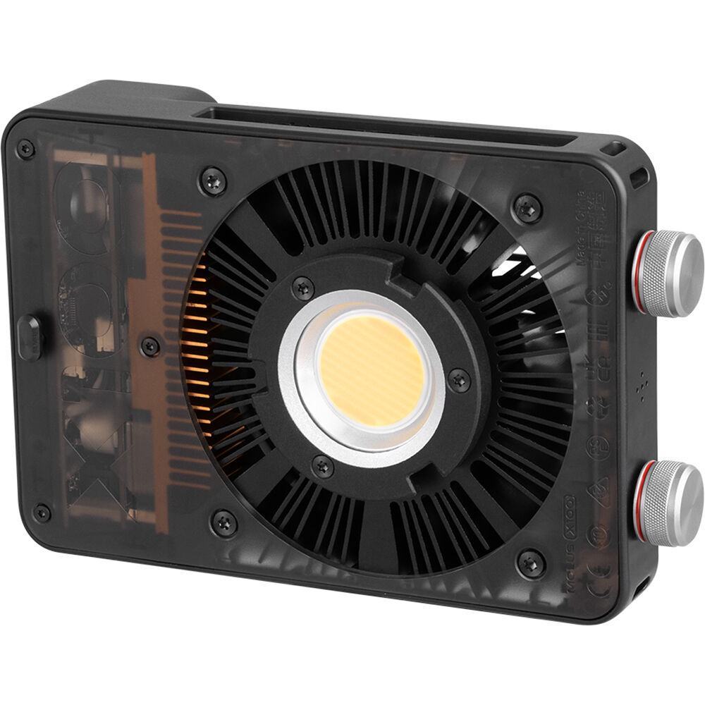 Zhiyun Molus X100 bi-color LED light panel showing adjustable brightness and color temperature controls.