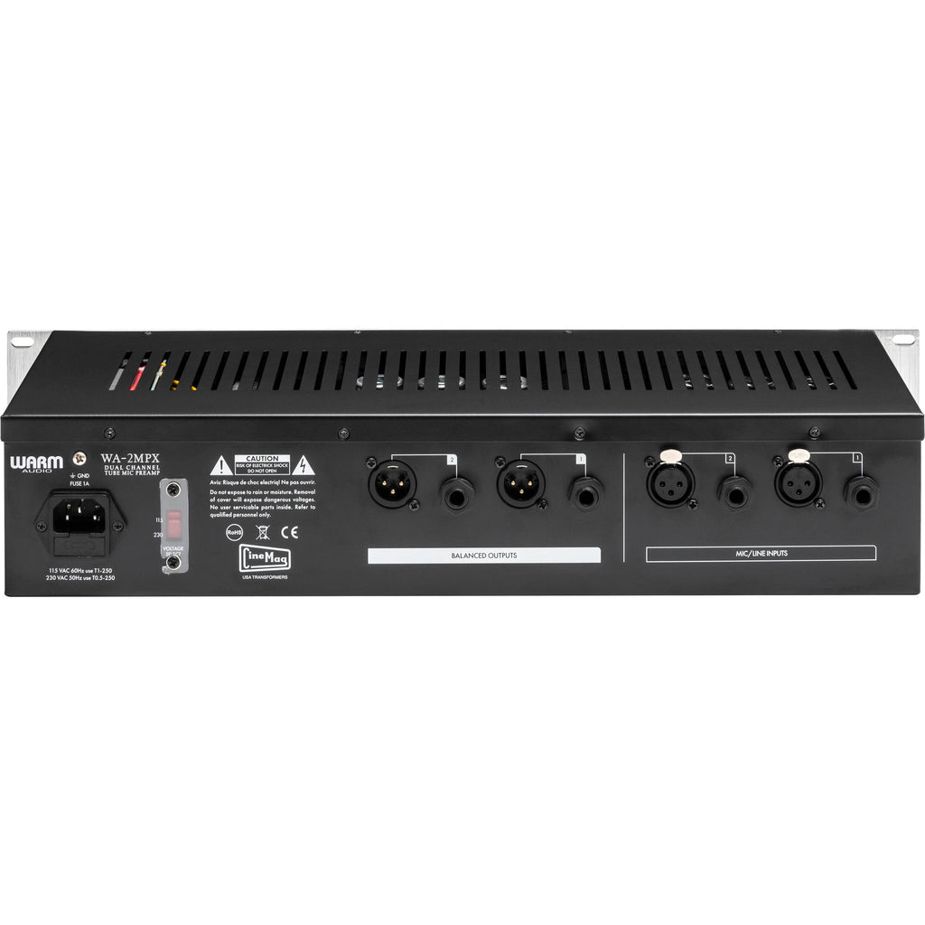Warm Audio WA-2MPX microphone preamp unit with control knobs and input ports, designed for professional audio recording.