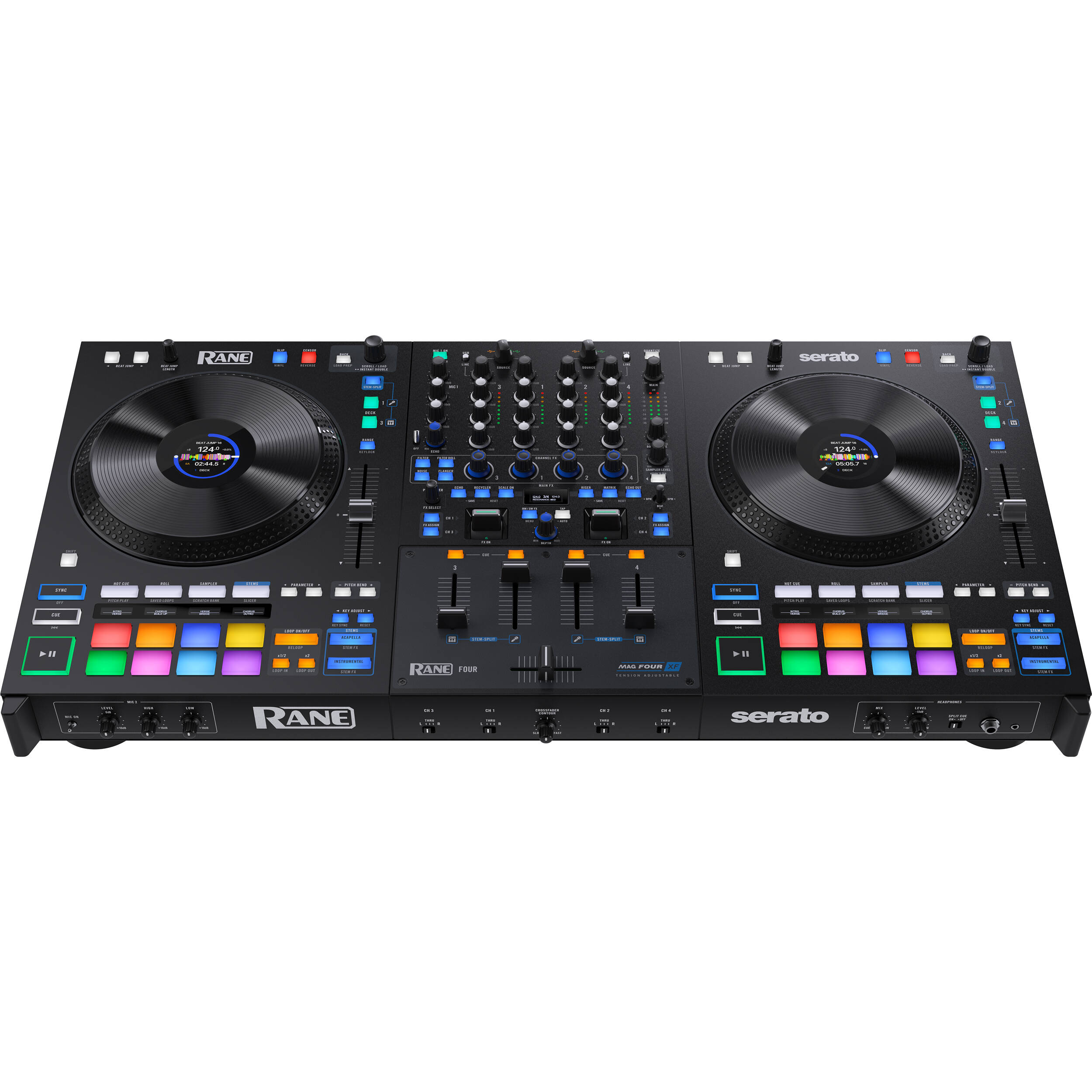 Rane Four DJ controller with dual jog wheels, mixer sections, and colorful performance pads for professional DJing and mixing.
