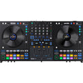 Rane Four DJ controller with touch-sensitive jog wheels, multiple knobs, and performance pads for professional mixing.