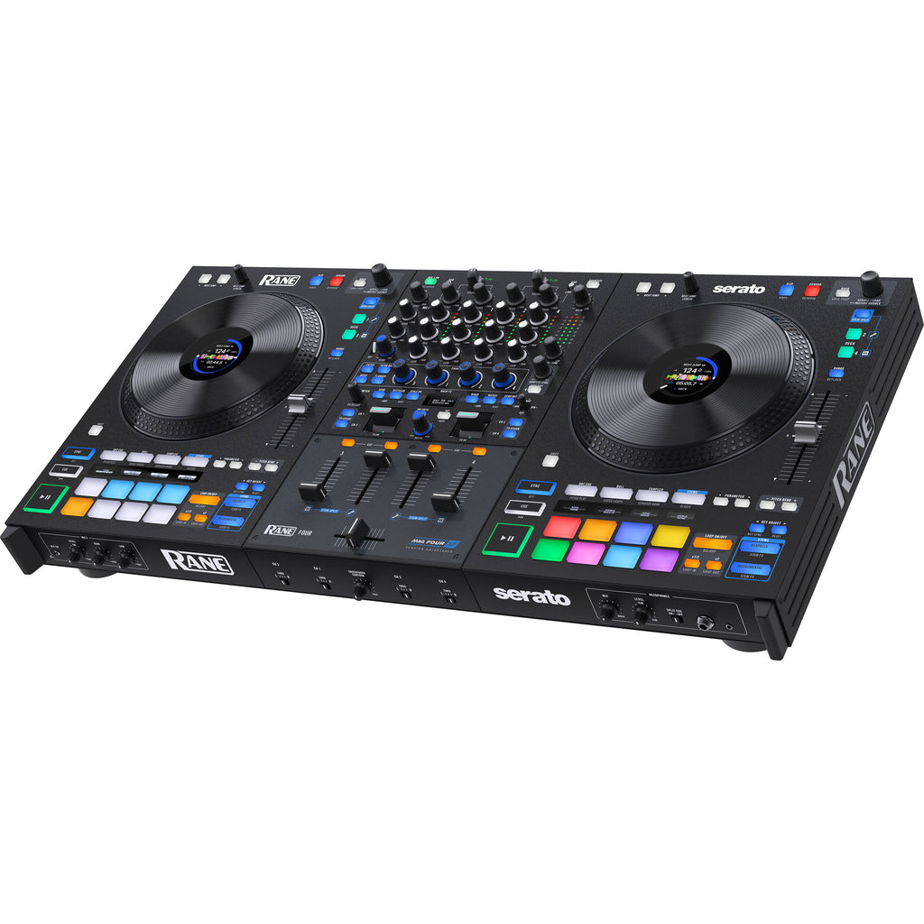 Rane Four DJ controller with dual jog wheels, colorful LED pads, and professional audio controls for mixing and DJing.