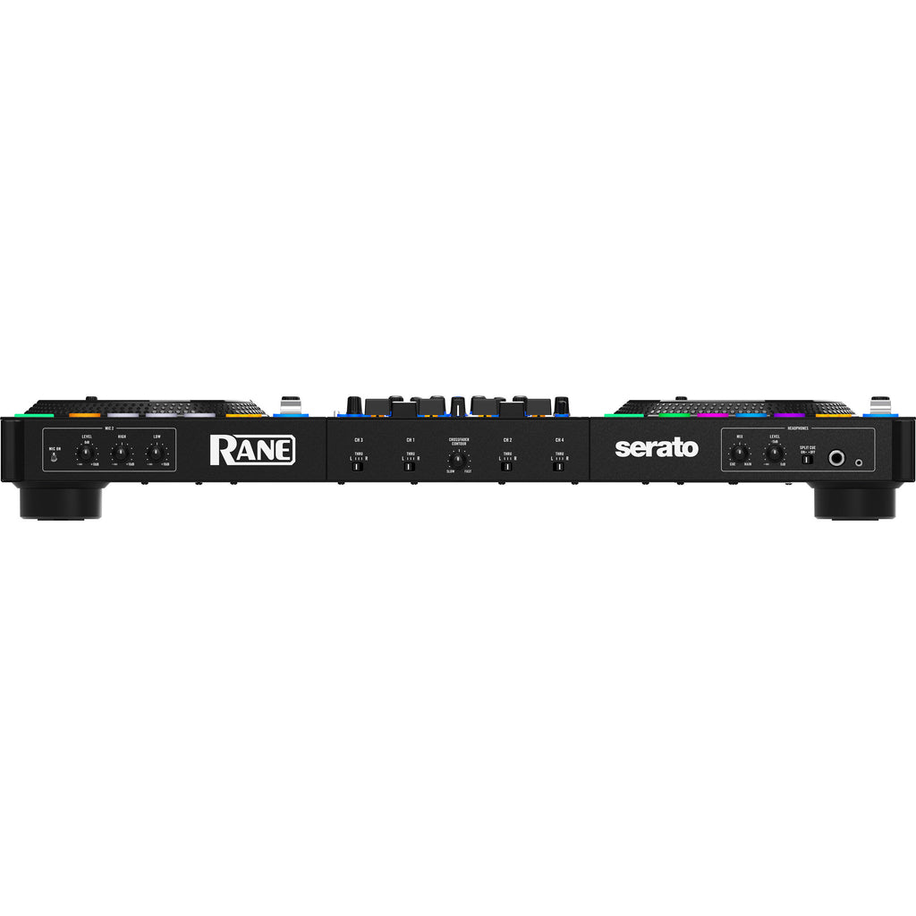 Rane Four DJ controller with dual jog wheels, mixer controls, and professional layout for DJ mixing and performance.