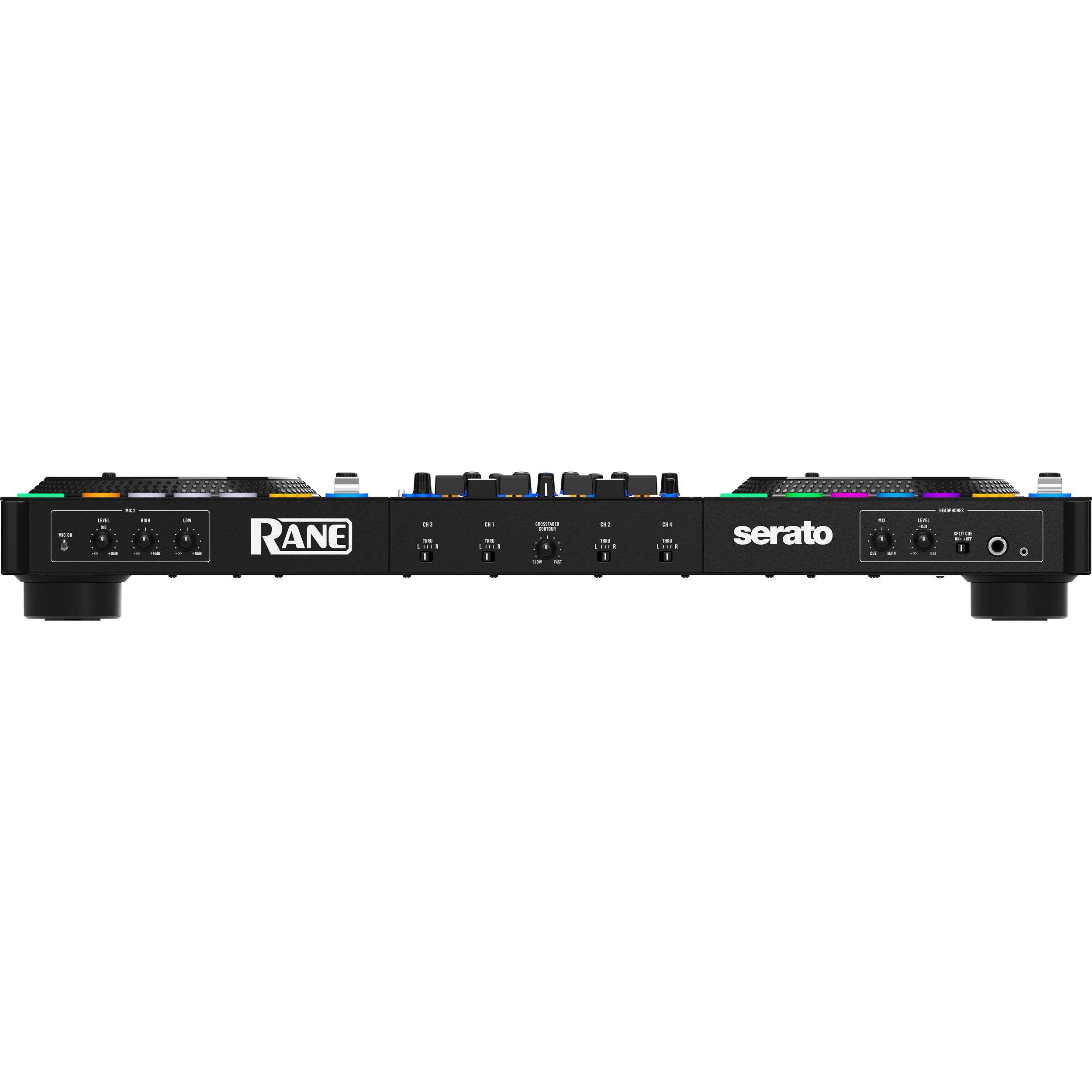 Rane Four DJ controller with dual jog wheels, mixer controls, and professional layout for DJ mixing and performance.