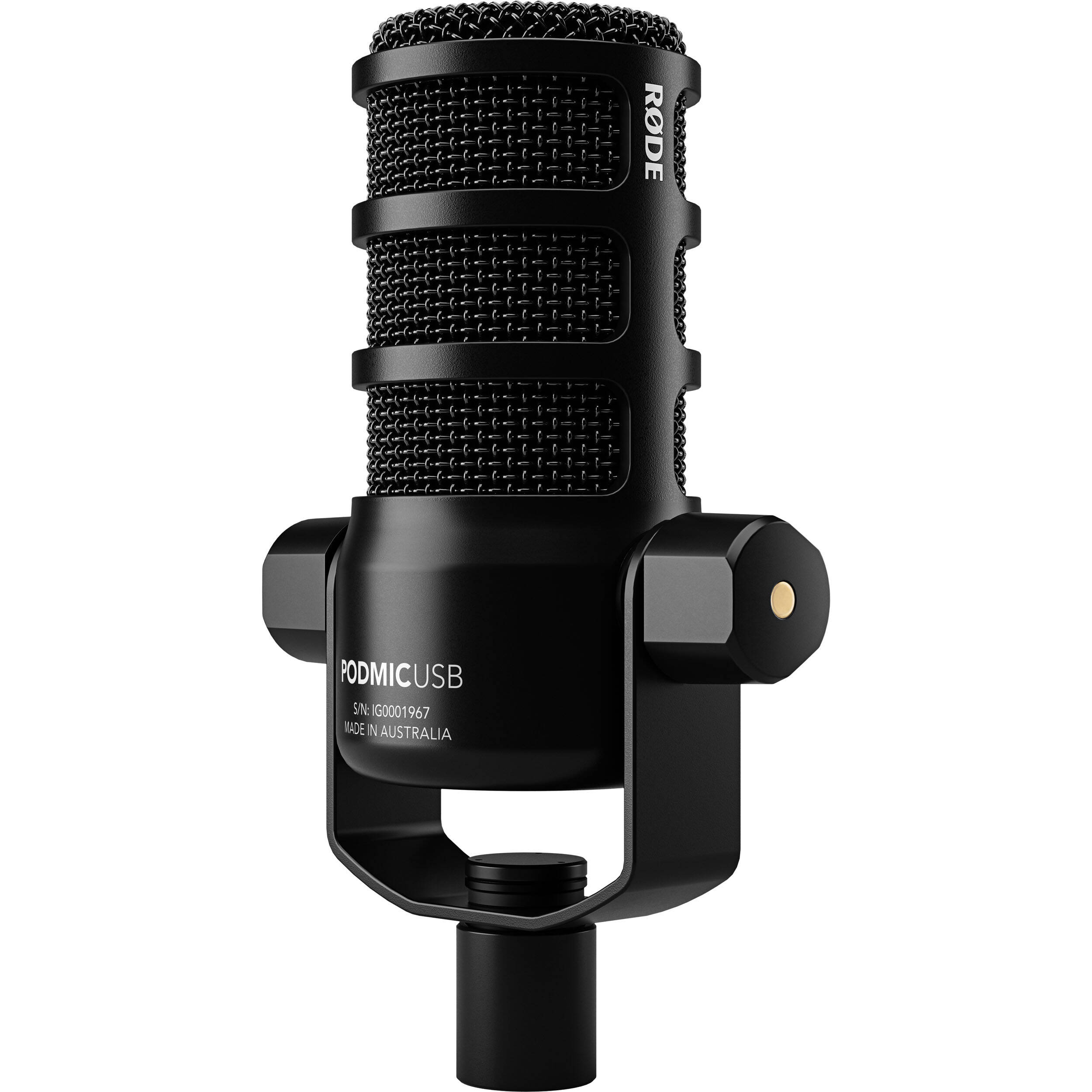 Rode Podmic USB microphone with adjustable stand and cable, ideal for podcasting and streaming setups.