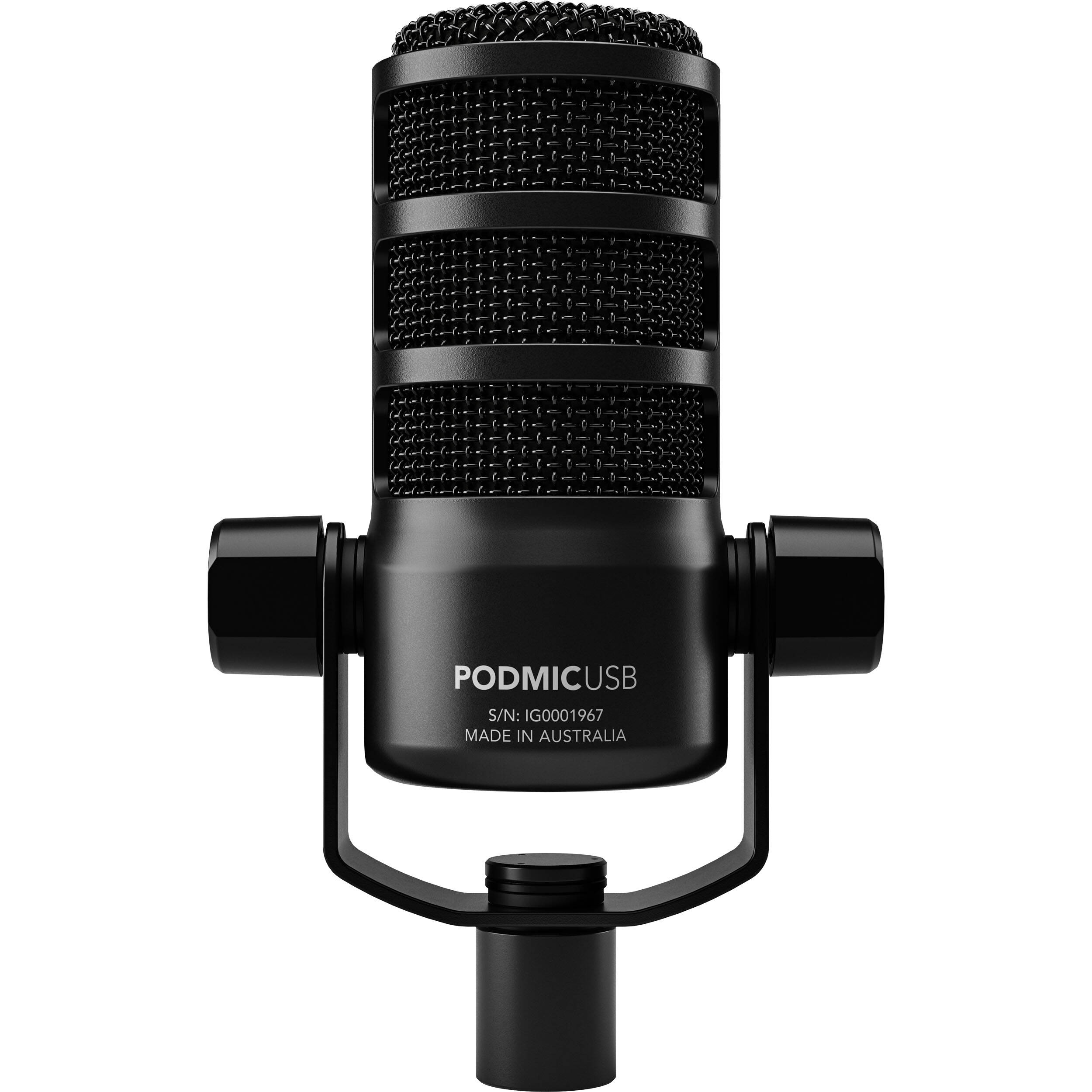 Rode Podmic USB microphone on a stand, featuring a black cylindrical design with a mesh grille, ideal for podcasting and streaming.