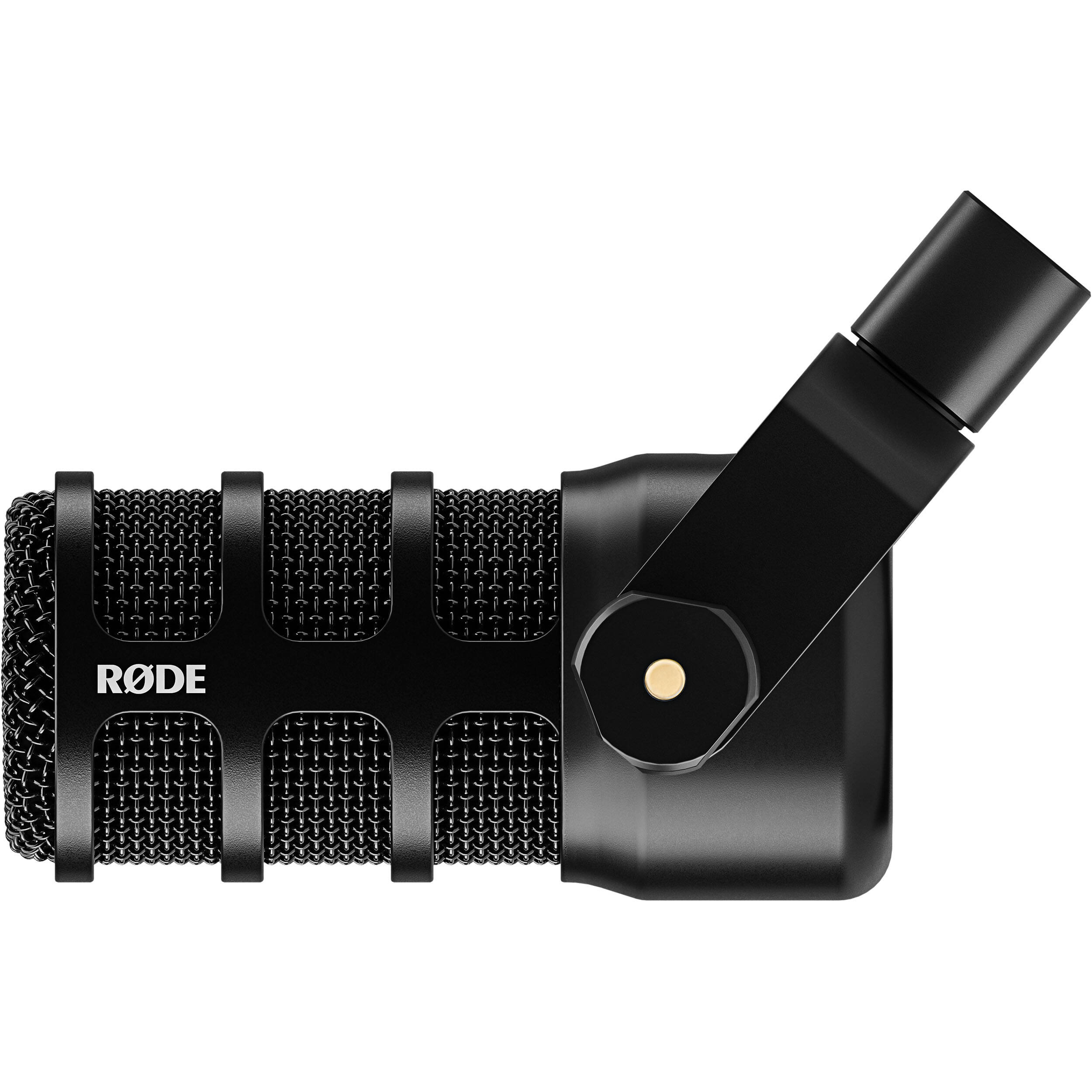 Rode Podmic USB microphone with black mesh grille and sturdy stand, designed for professional podcast and recording use.