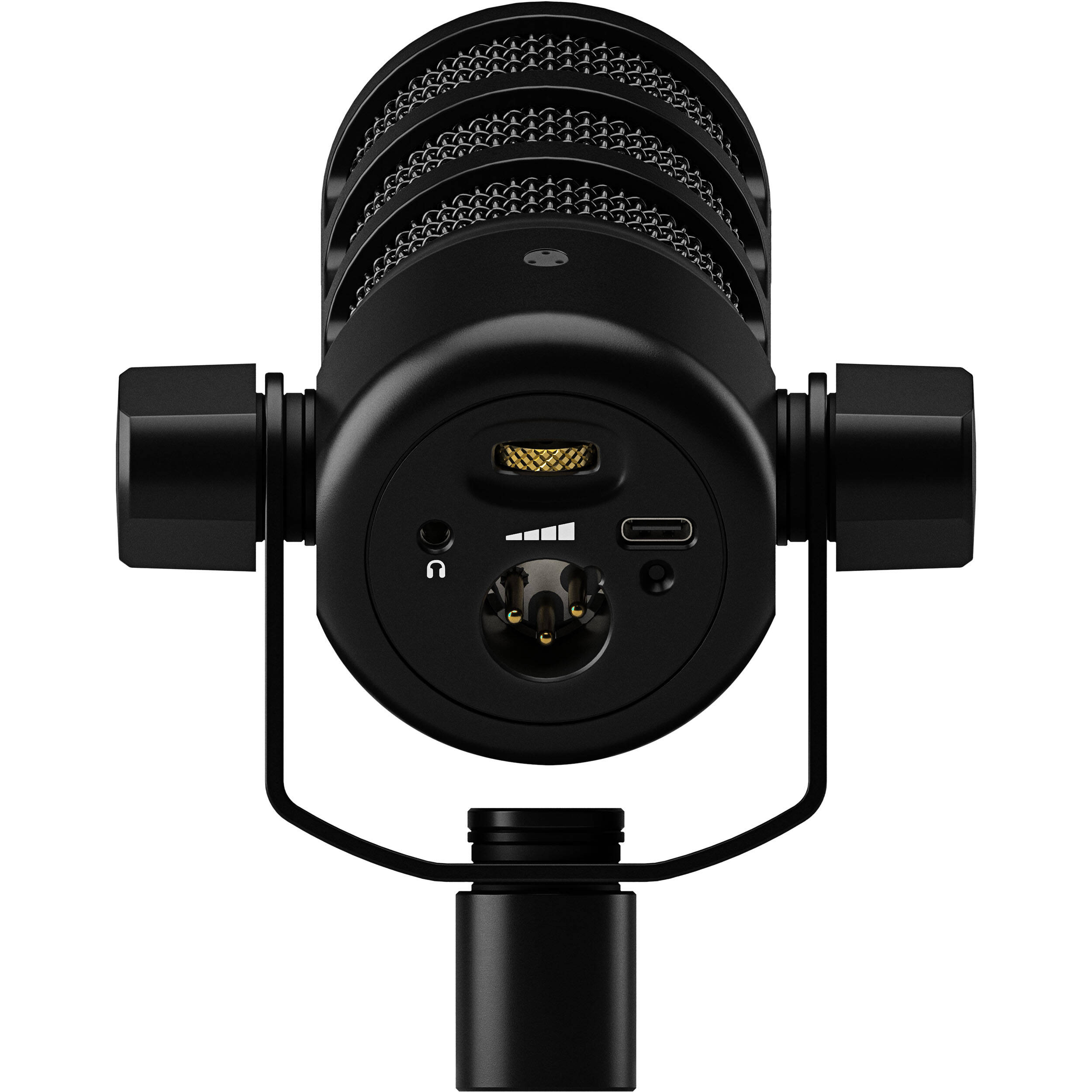 Rode PodMic USB condenser microphone with black metal body and built-in stand, ideal for podcasting and streaming.