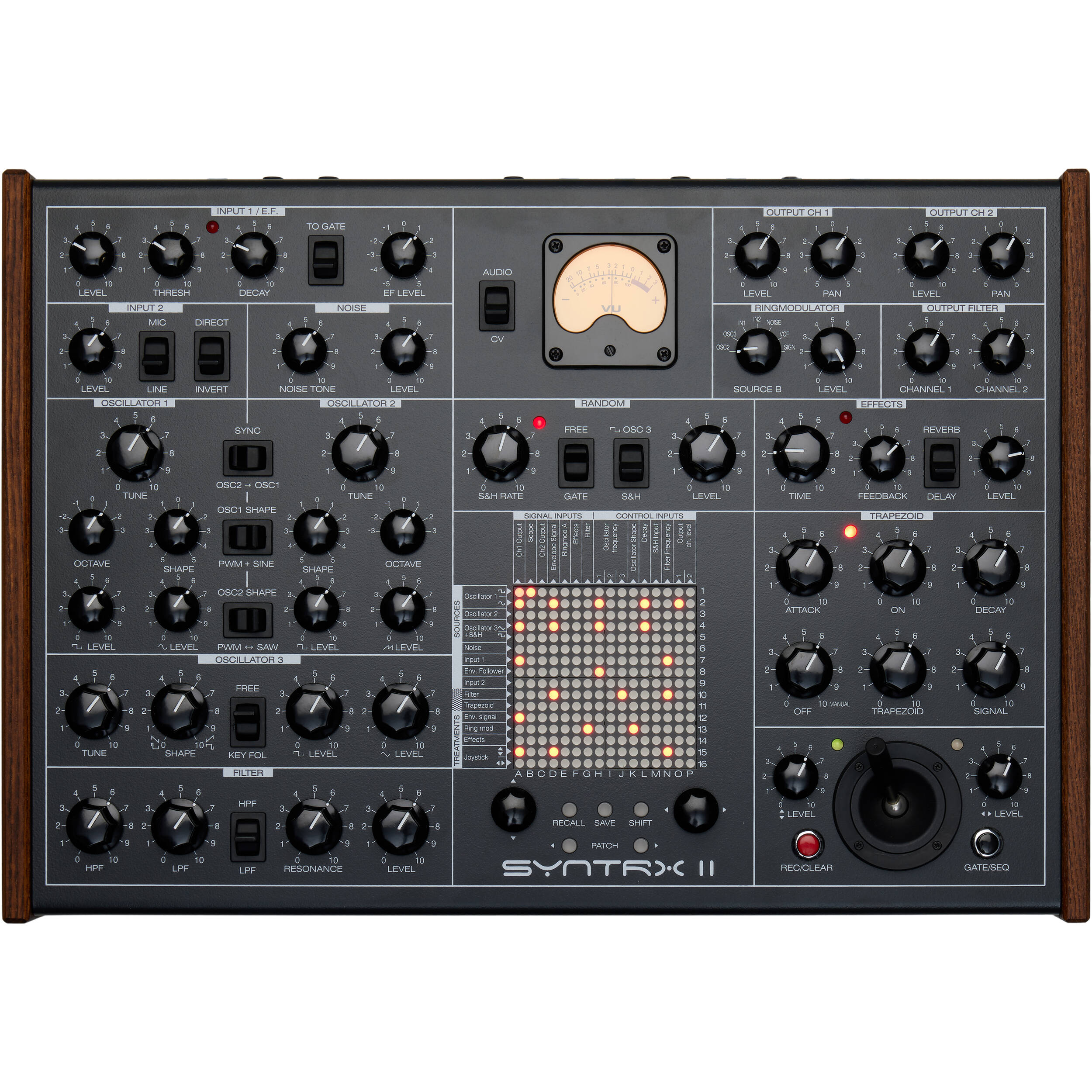 Erica Synths SYNTRX II desktop synthesizer with colorful knobs and controls, compact design, and patch points for sound creation.
