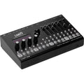 Erica Synths LXR-02 Drum Synthesizer showing control knobs, buttons, and colorful interface on a black panel.