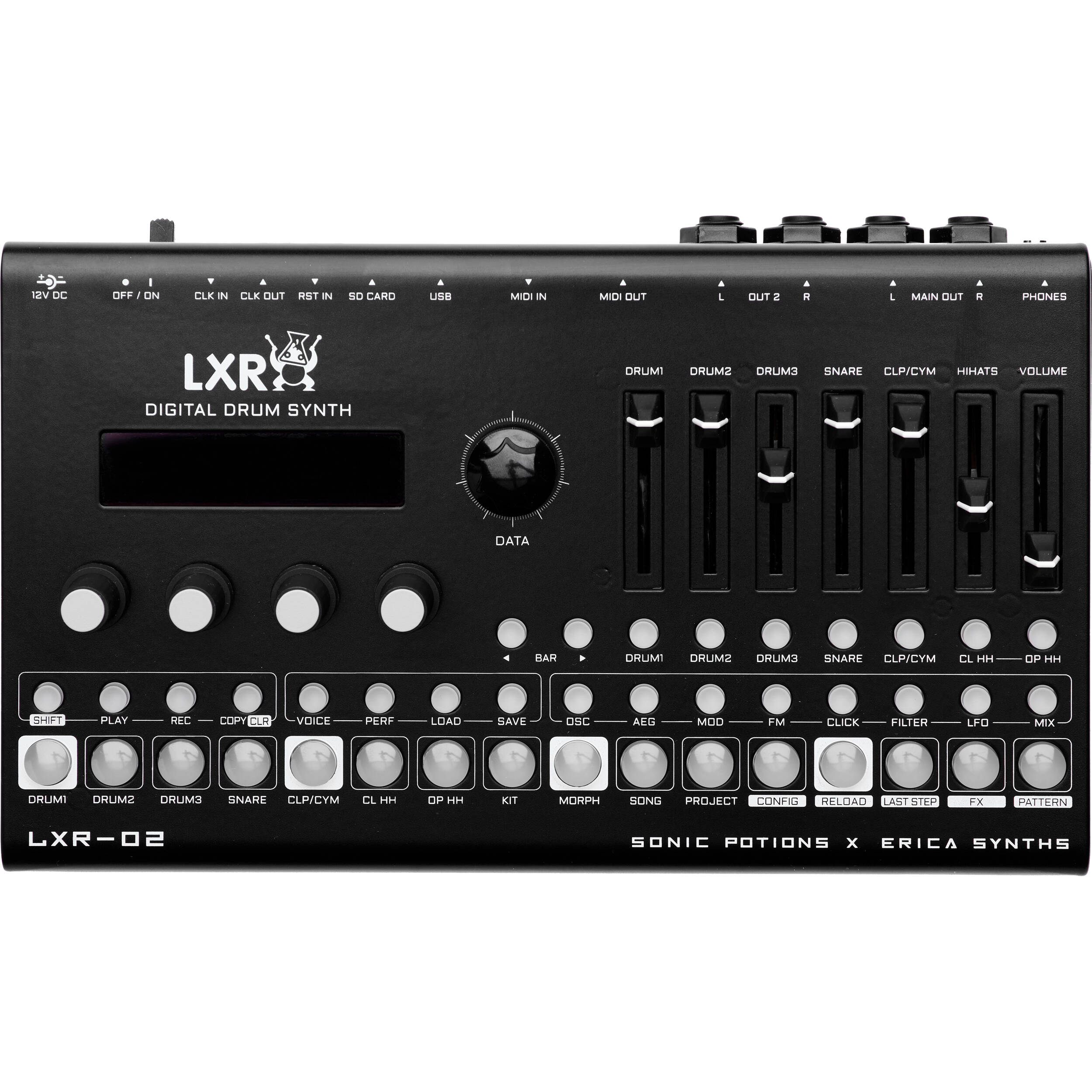 Erica Synths LXR-02 Drum Synthesizer featuring knobs, buttons, and a compact design for electronic drum sound creation.