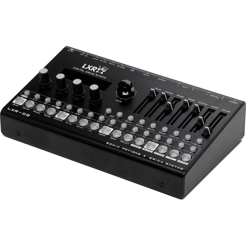 Erica Synths LXR-02 Drum Synthesizer, a compact electronic drum machine with knobs and buttons for sound creation.