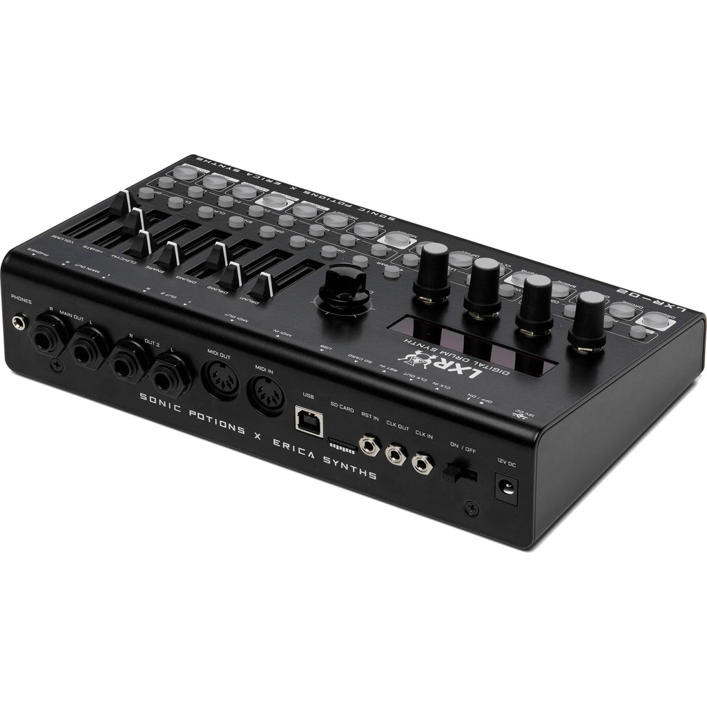 Erica Synths LXR-02 Drum Synthesizer showing control knobs and interface for electronic drum sounds.