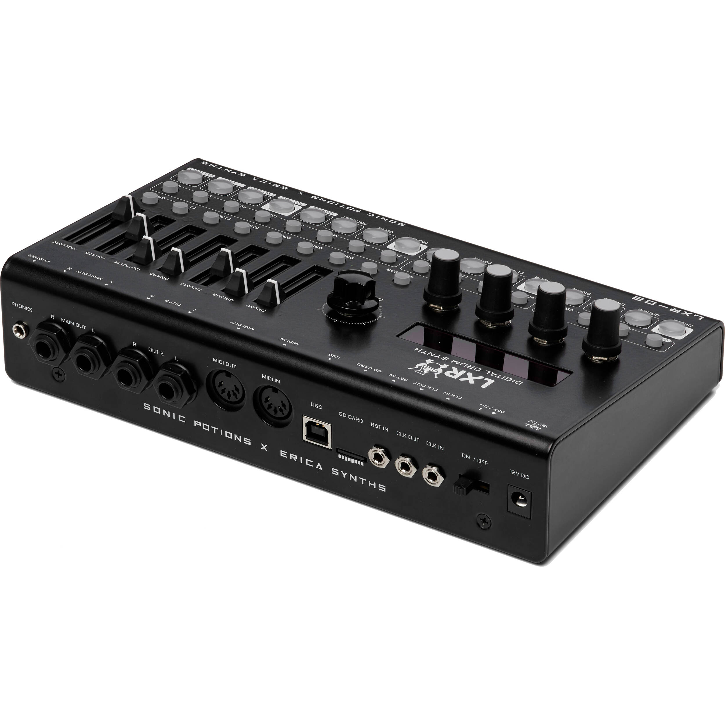 Erica Synths LXR-02 Drum Synthesizer showing control knobs and interface for electronic drum sounds.