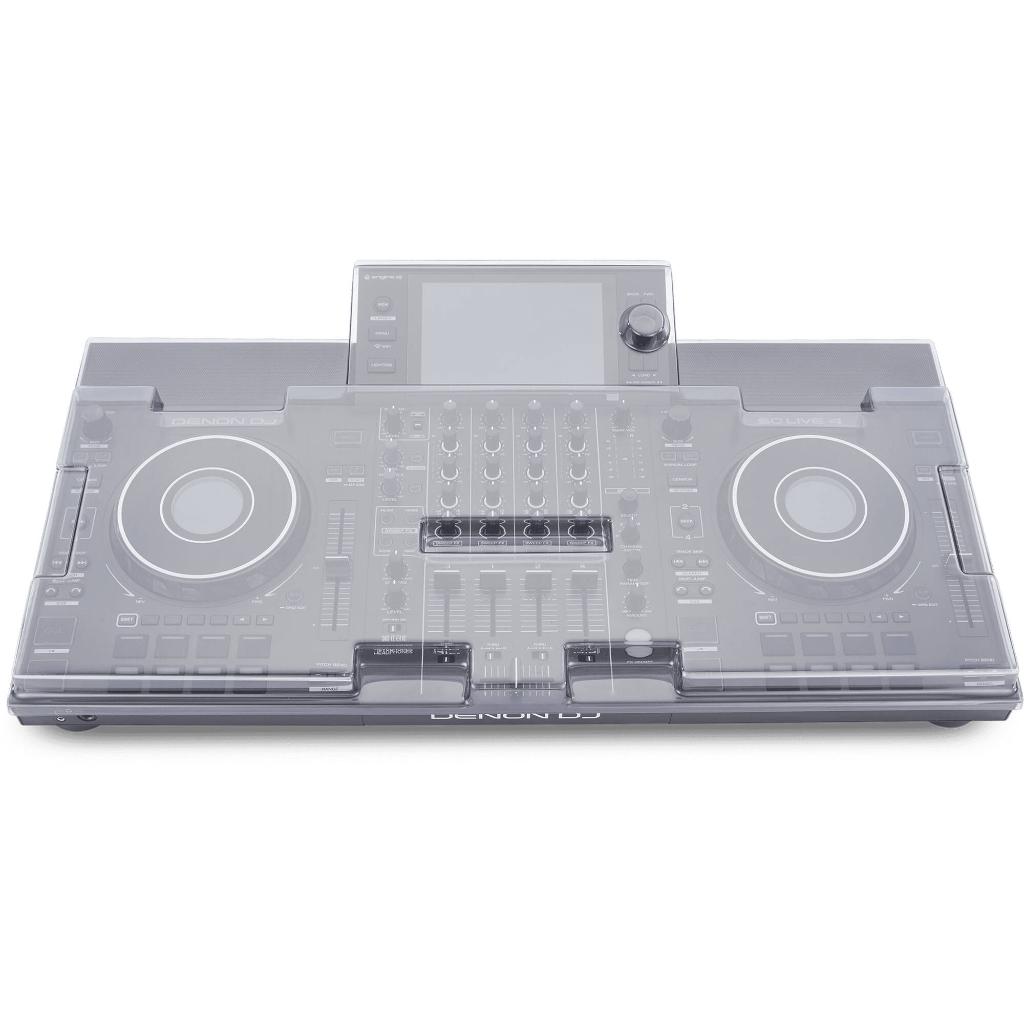 Decksaver DJ SC Live 4 cover protecting Denon DJ controller, durable black plastic design for safe transport and storage.