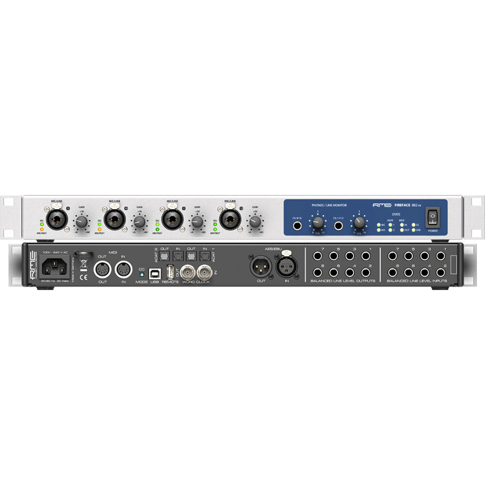 RME Fireface 802 FS audio interface with multiple input and output ports, professional digital audio recording equipment.