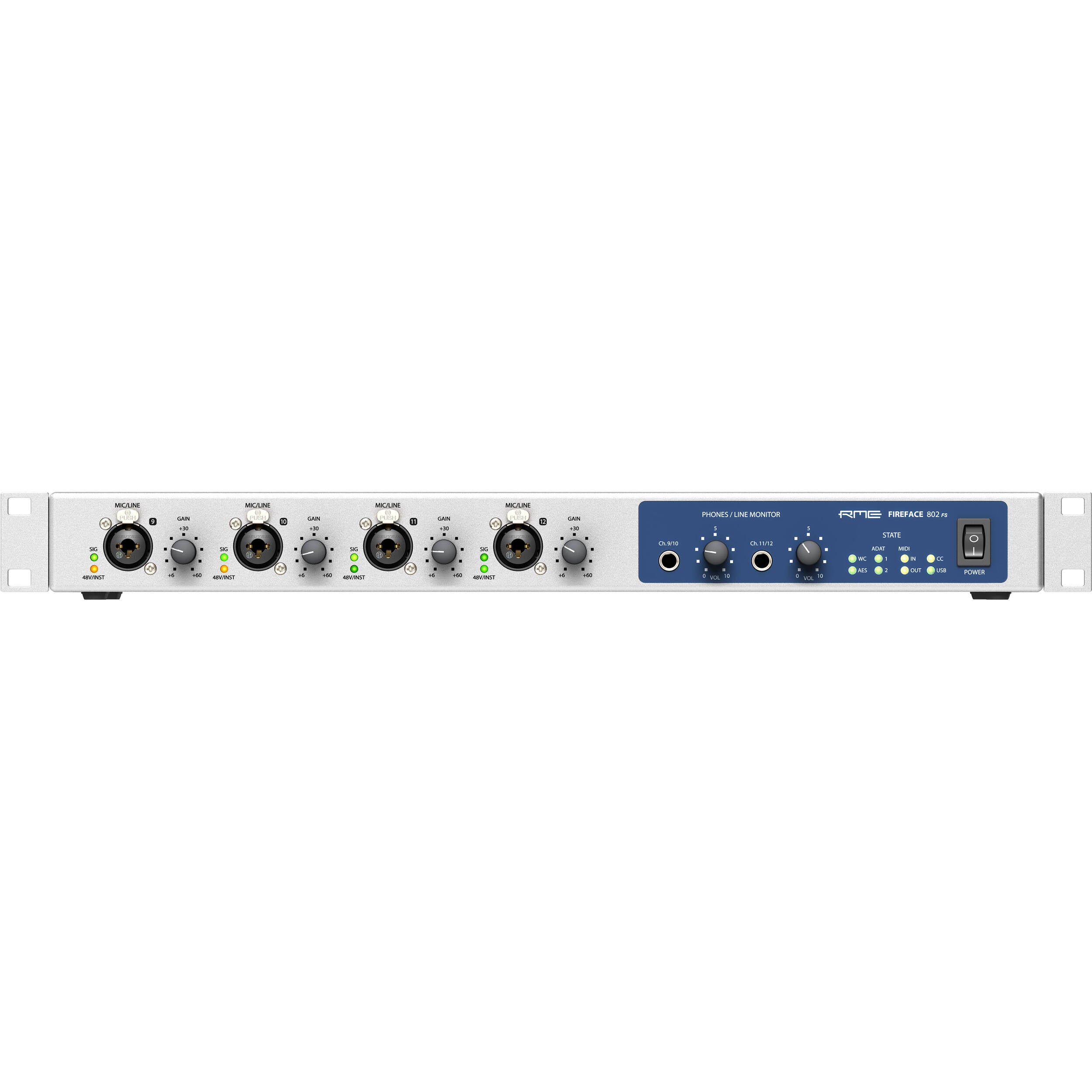 RME Fireface 802 FS audio interface with multiple input and output ports, professional-grade recording equipment.