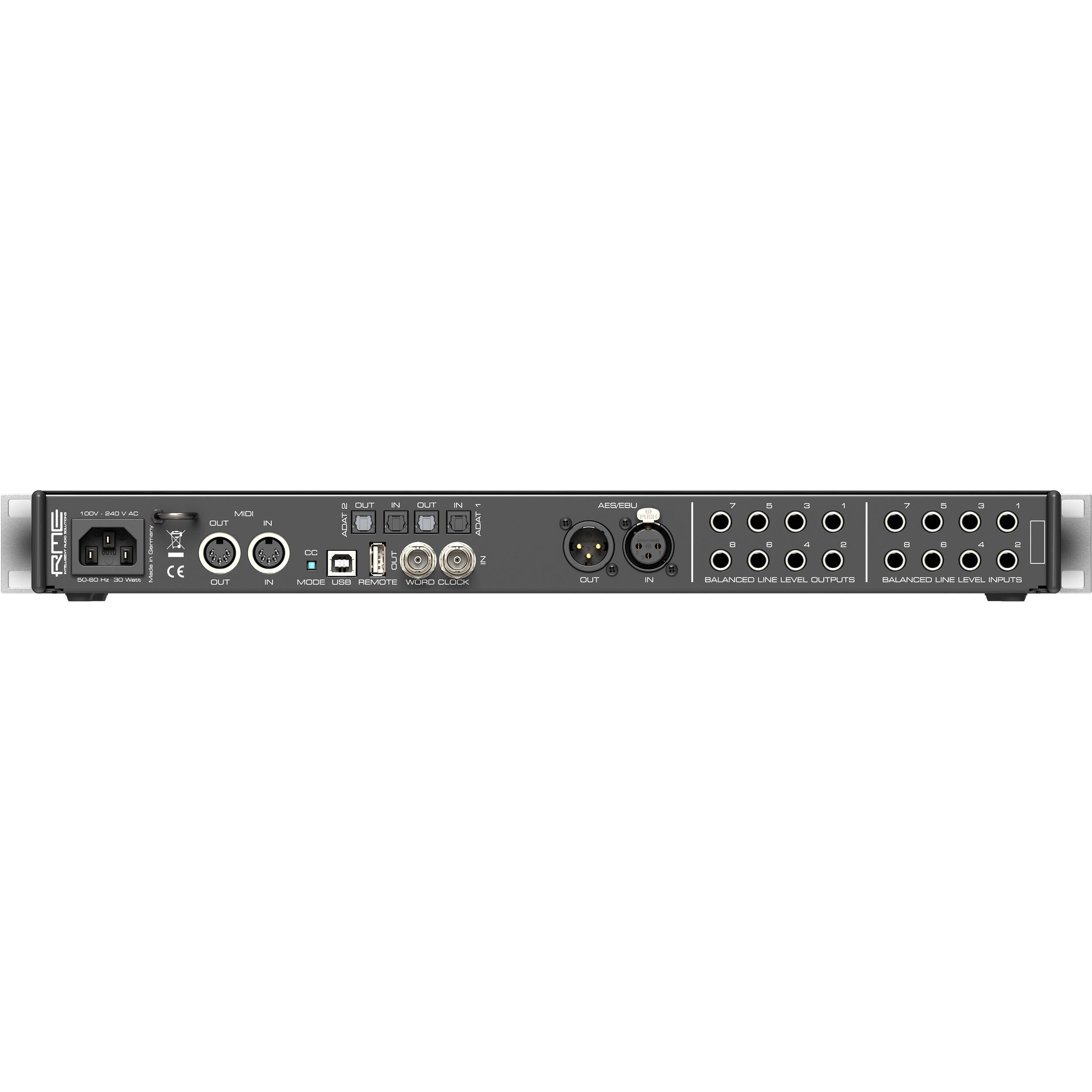 RME Fireface 802 FS audio interface with multiple input/output ports and professional audio controls on a desktop.