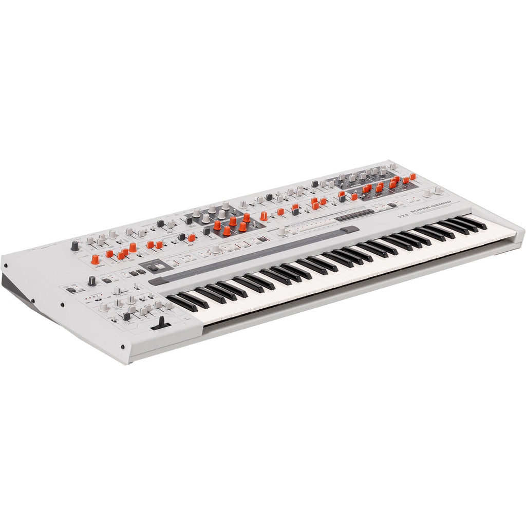 UDO Audio Super Gemini synthesizer with vintage-style controls and modern design, featuring multiple knobs and input/output ports.