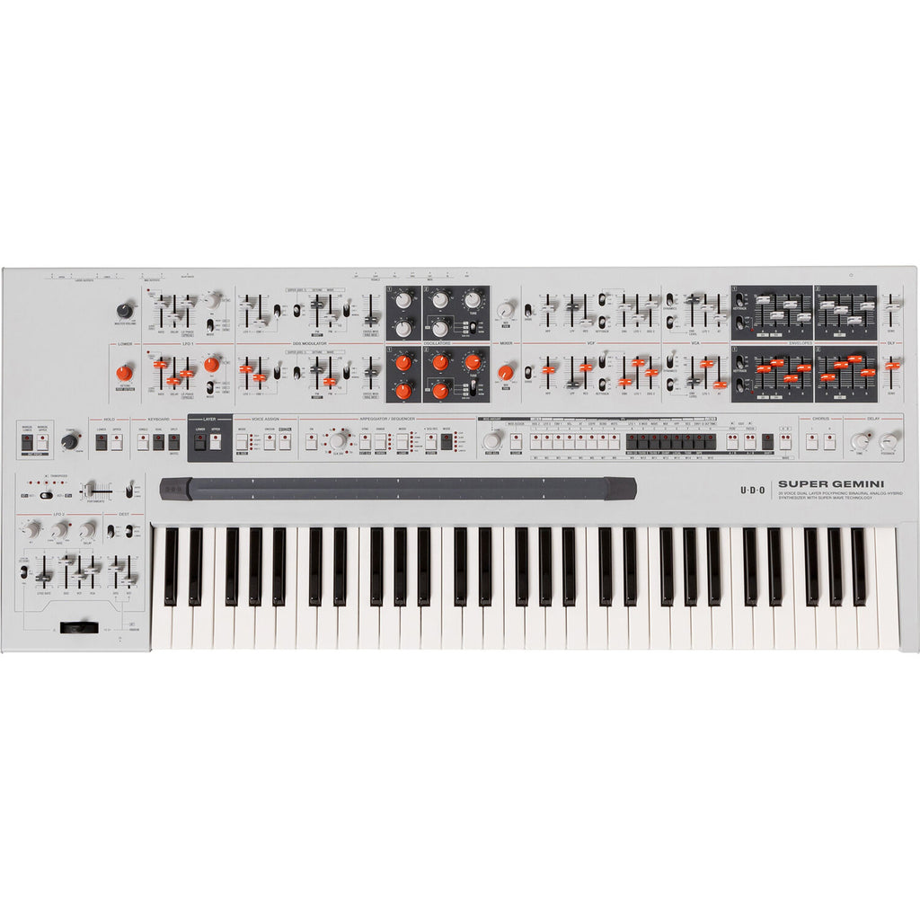 UDO Audio Super Gemini synthesizer with vintage-inspired design, multiple knobs, keys, and control panels for rich sound creation.