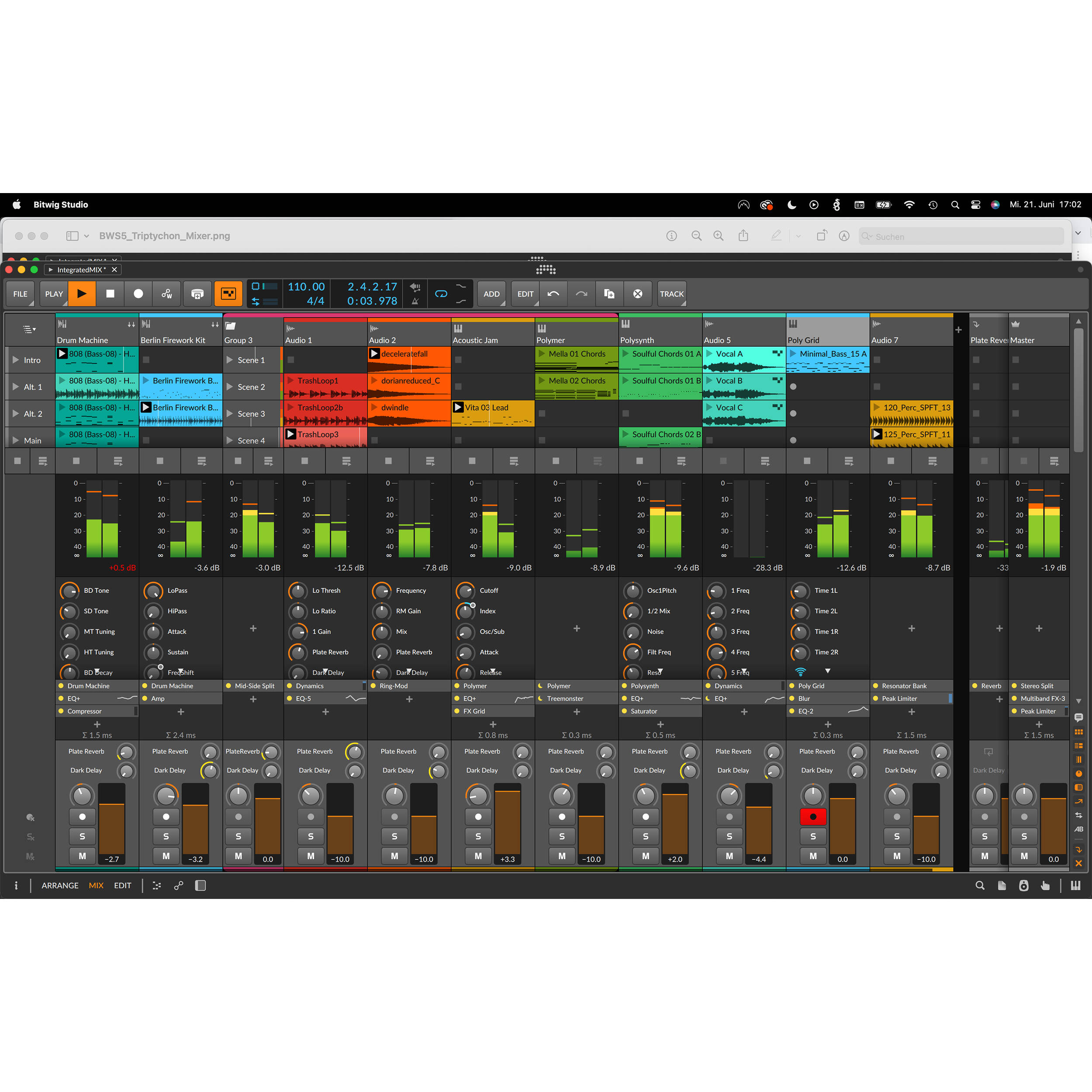 Bitwig Studio 5 music production software interface with digital audio workstation tools and colorful waveform displays.