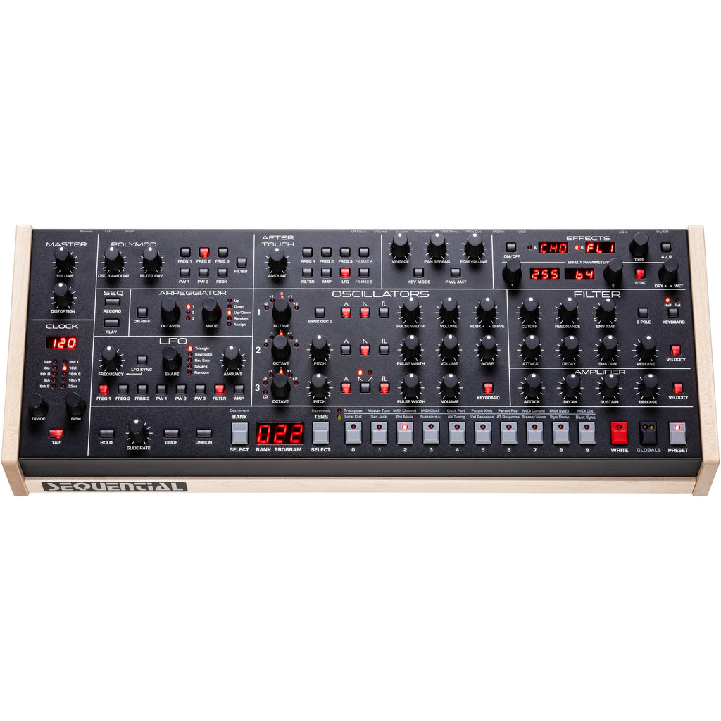 Sequential Trigon-6 desktop synthesizer with knobs and controls, featuring a sleek black design and modern interface.