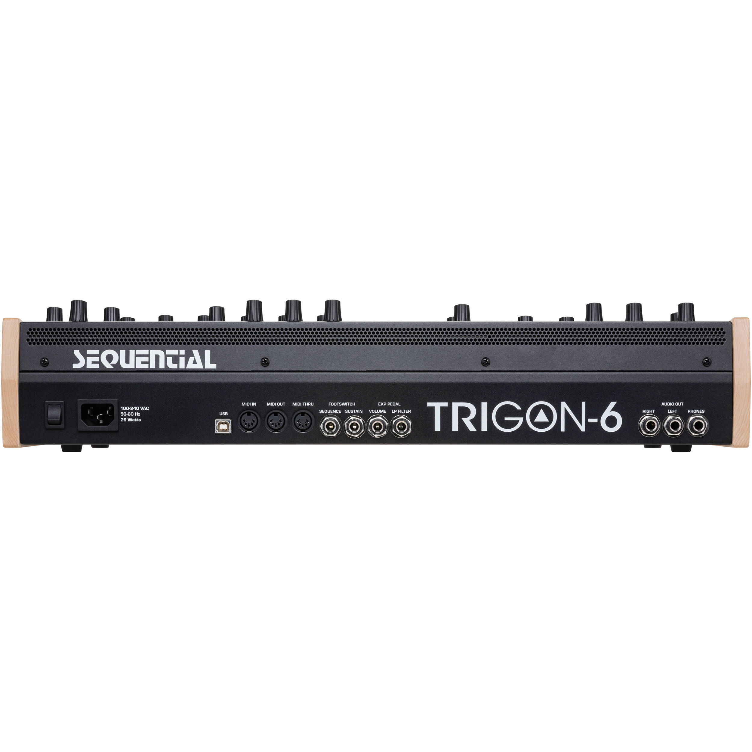 Sequential Trigon-6 desktop synthesizer with a digital display, multiple control knobs, and a sleek black design.
