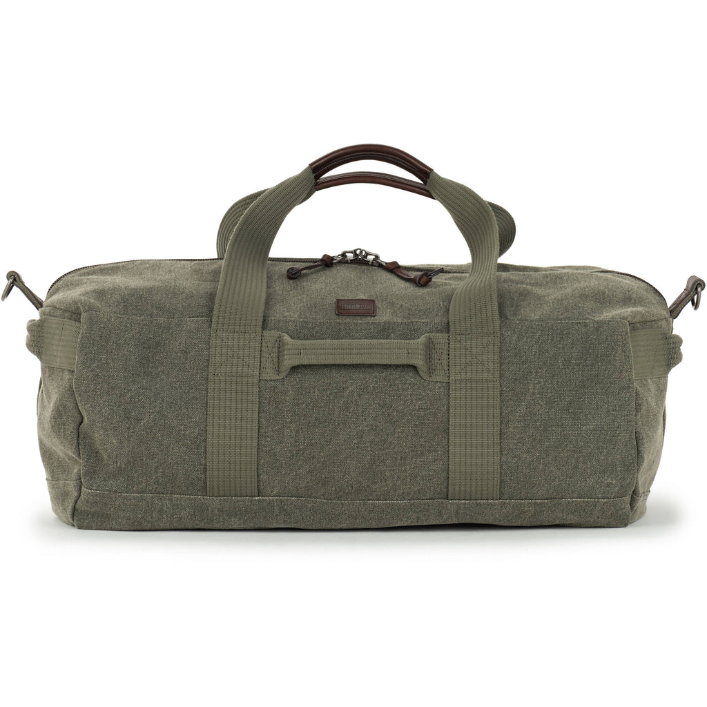 Think Tank Retrospective Duffel used as a video equipment bag with multiple compartments and a shoulder strap for travel.