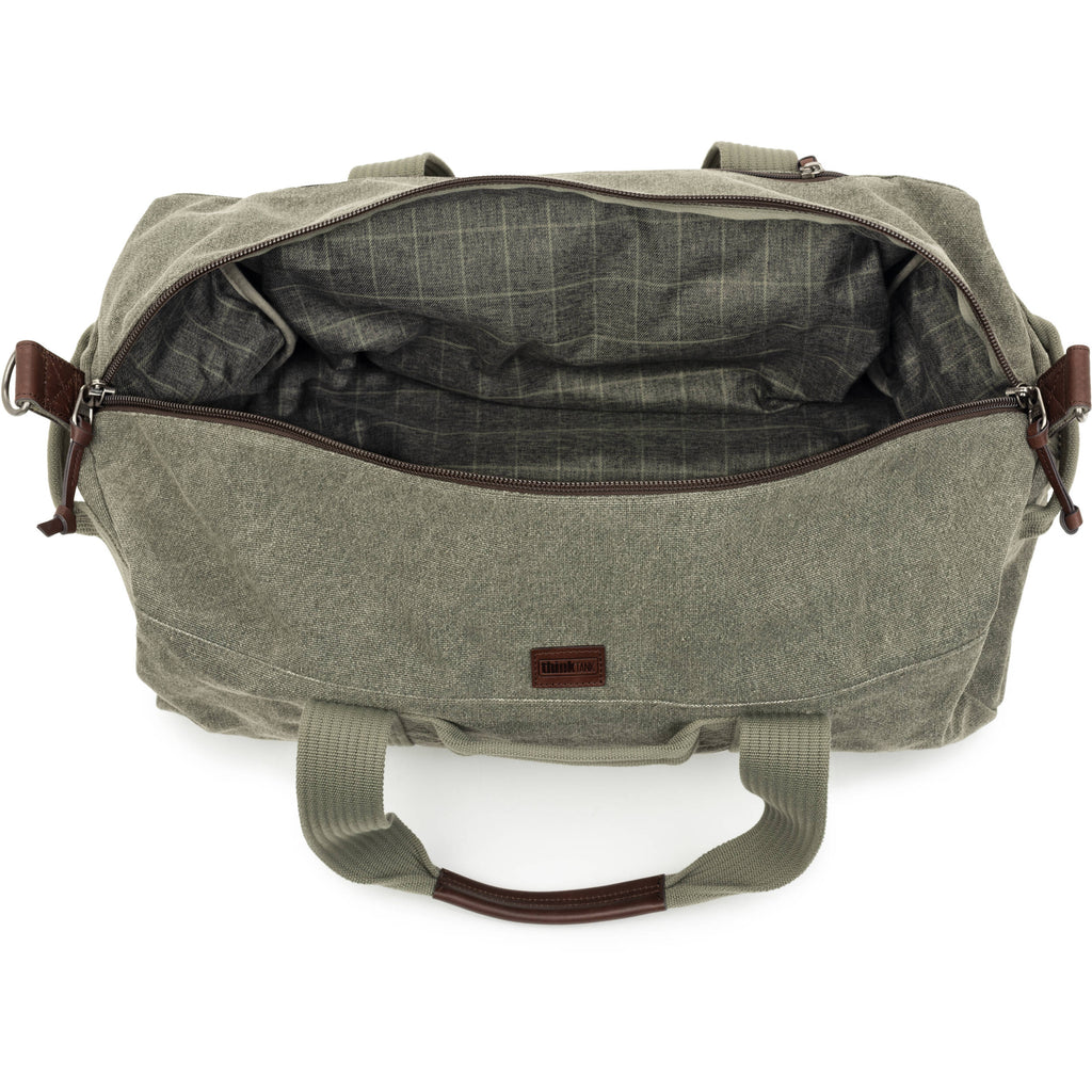 Think Tank Retrospective Duffel for video equipment, showing durable black fabric with multiple compartments and padded handles.
