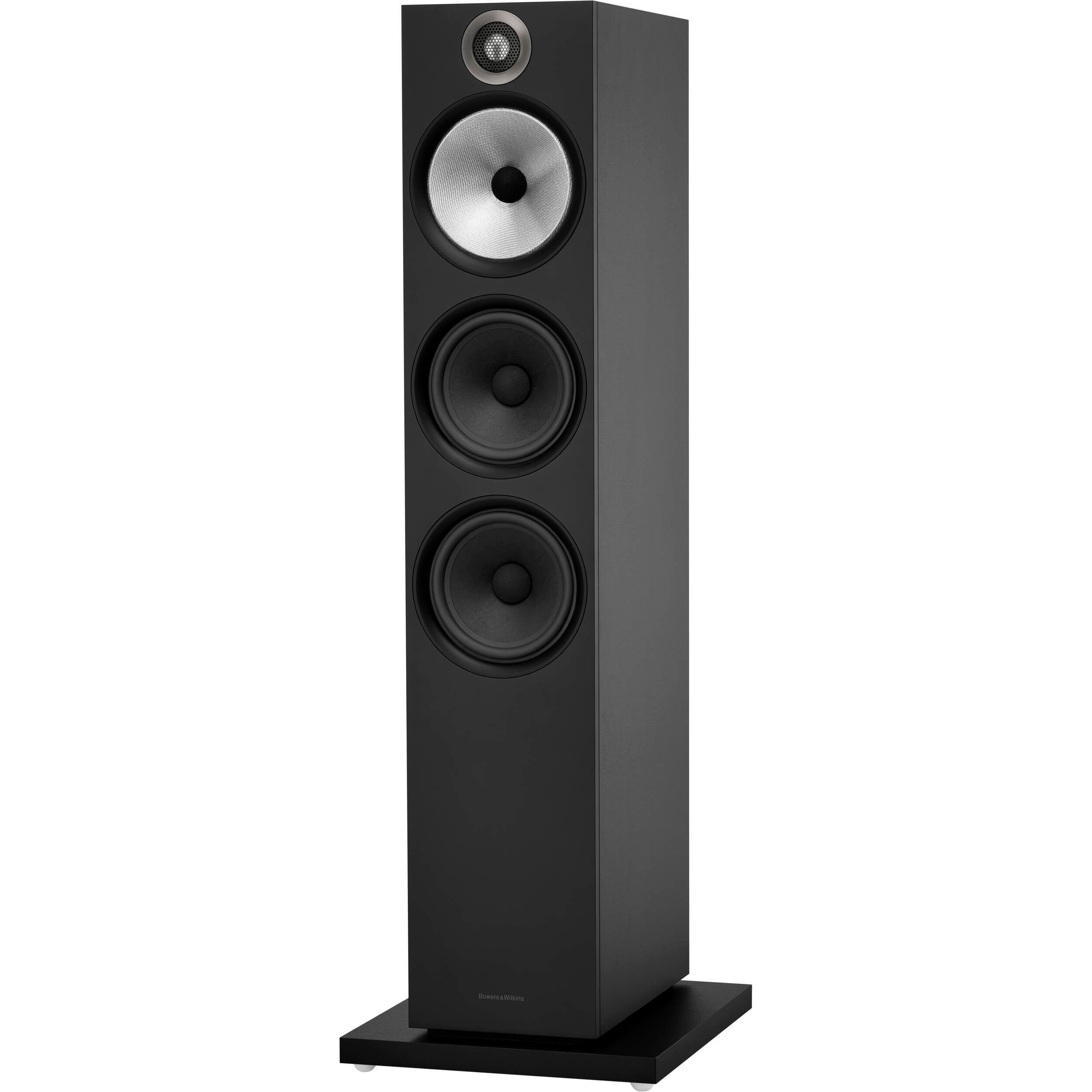 Bowers & Wilkins 603 S3 passive floorstanding speakers with black cabinets and sleek design, showcased from a side angle.