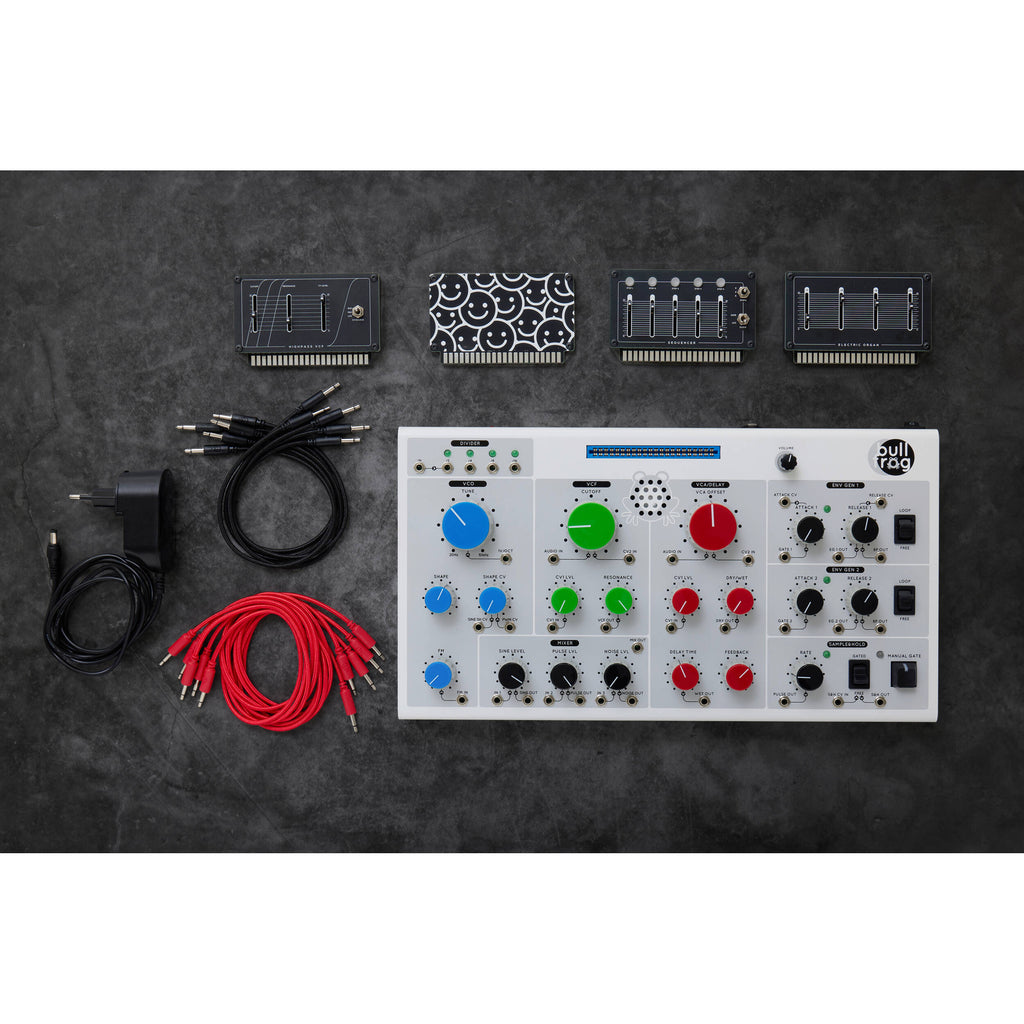 Erica Synths Bullfrog desktop synthesizer with knobs, patch points, and colorful interface for electronic music production.