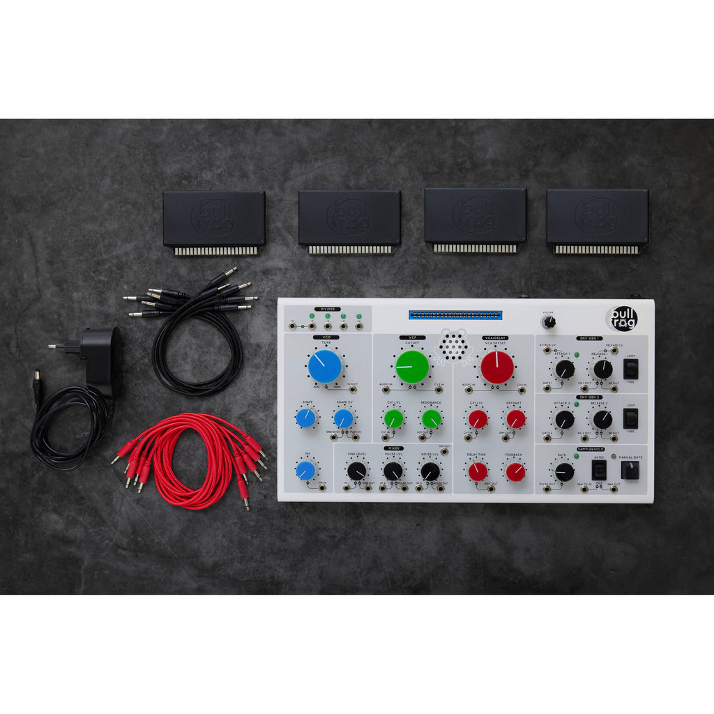 Erica Synths Bullfrog desktop synthesizer with various knobs and patch points, black and silver control panel.