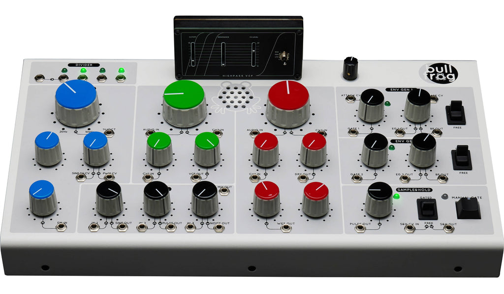 Erica Synths Bullfrog desktop synthesizer with knobs and patch points, compact electronic music instrument in black and silver.