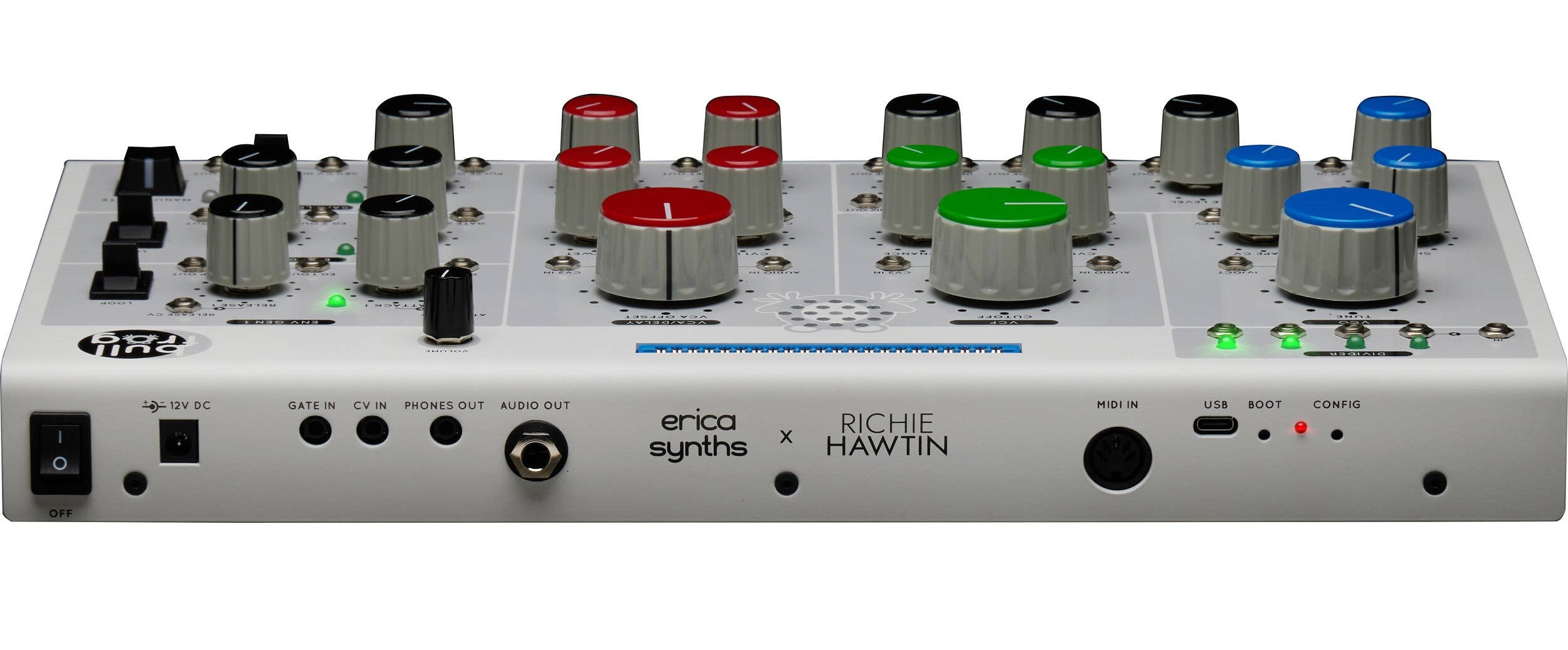 Erica Synths Bullfrog desktop synthesizer with knobs and patch points, compact electronic music instrument in black and gray.