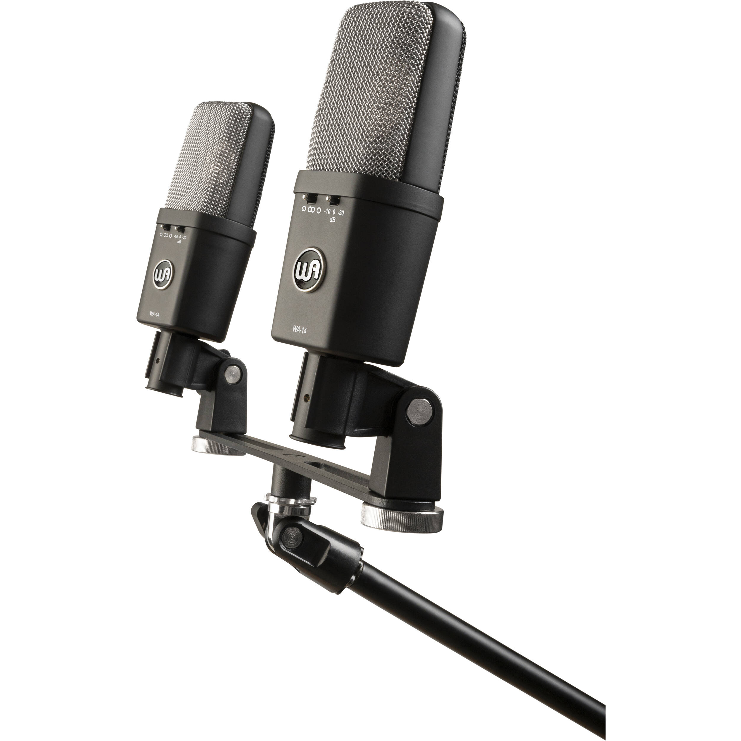 Warm Audio WA-14SP condenser microphone shown with its sleek metal body and grille, ideal for professional recording and vocals.