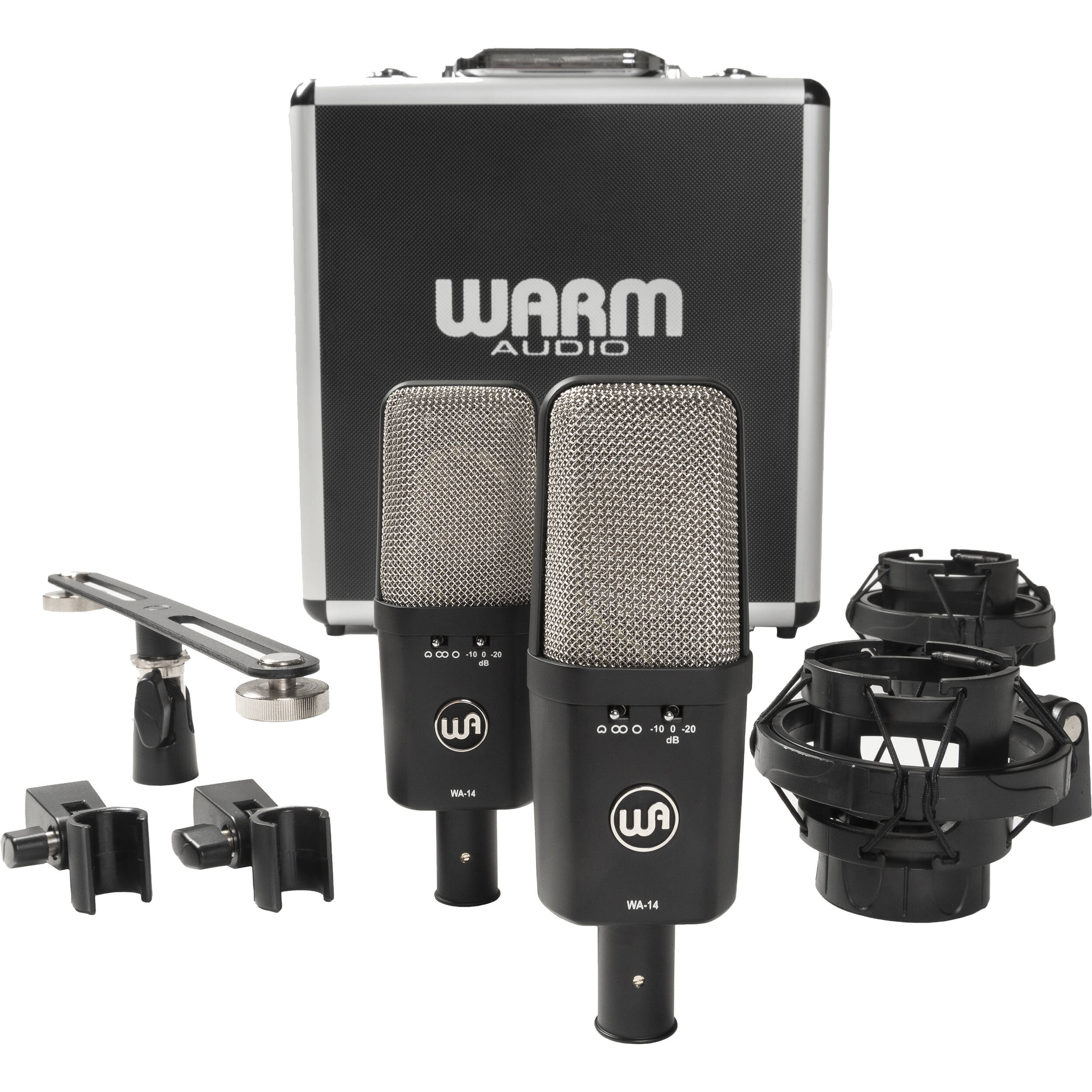 Warm Audio WA-14SP condenser microphone with metal grille and control switch, shown on a stand against a neutral background.