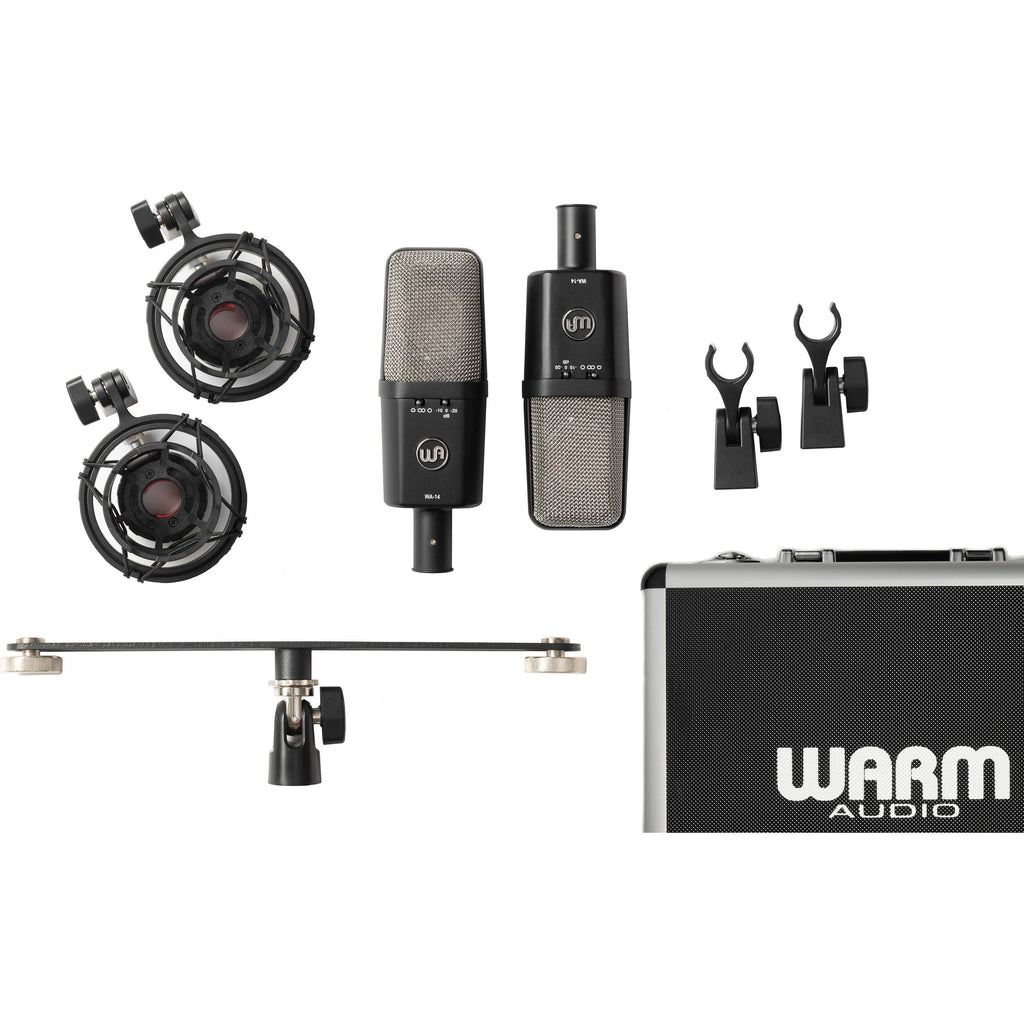 Warm Audio WA-14SP condenser microphone displayed on a stand, showing its sleek design and professional build.