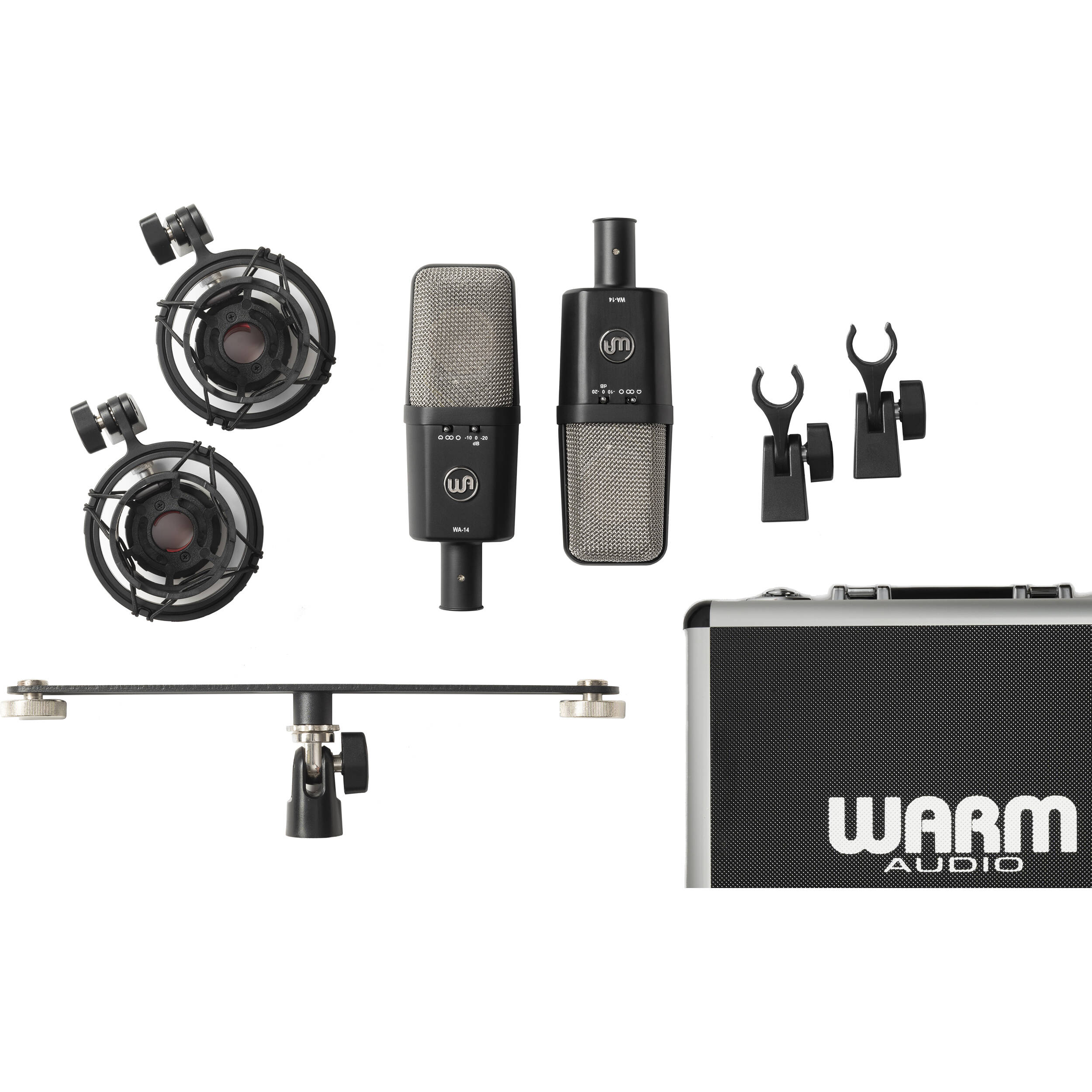 Warm Audio WA-14SP condenser microphone displayed on a stand, showing its sleek design and professional build.