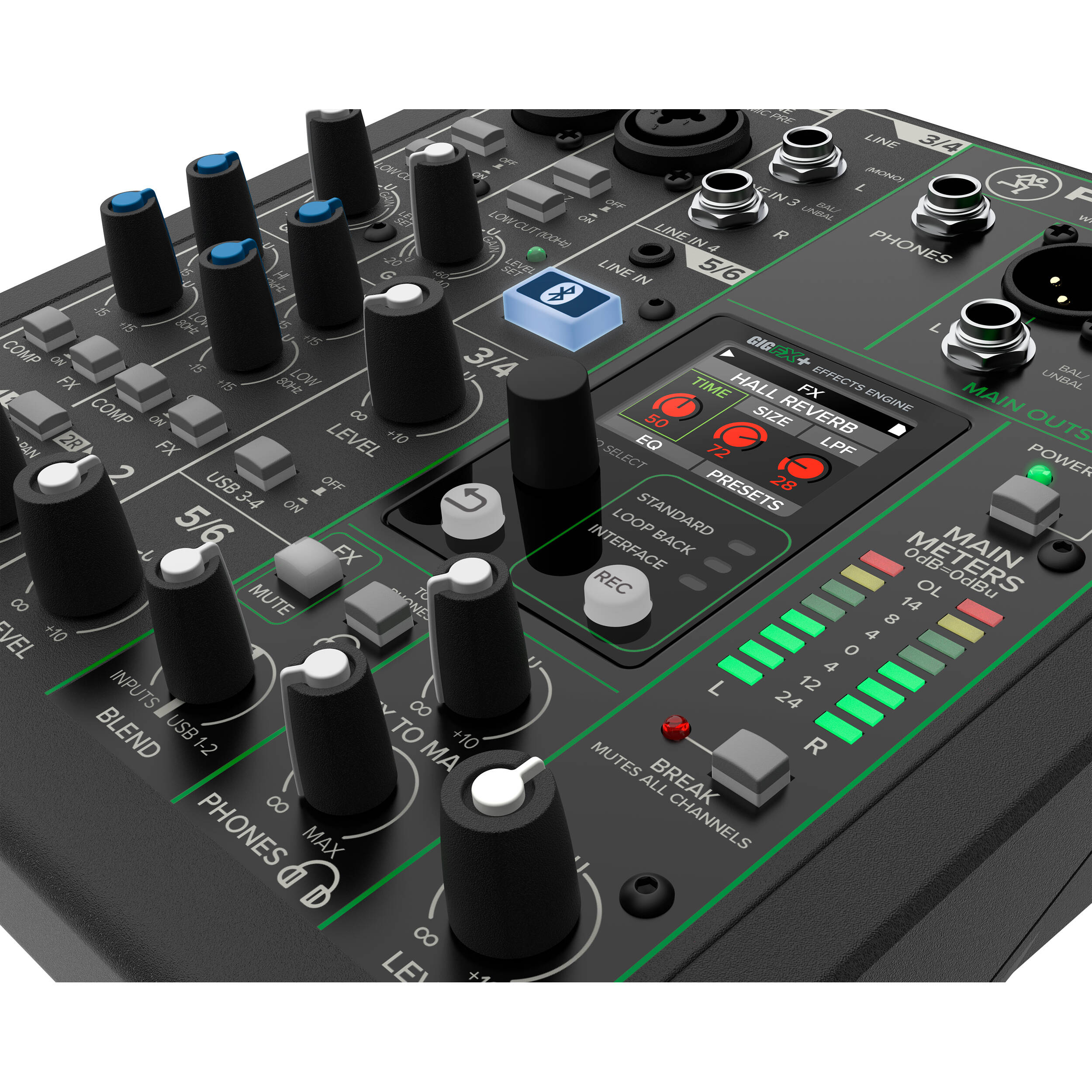 Mackie ProFX6v3+ analog mixer with multiple input channels, knobs, and faders for professional audio mixing.