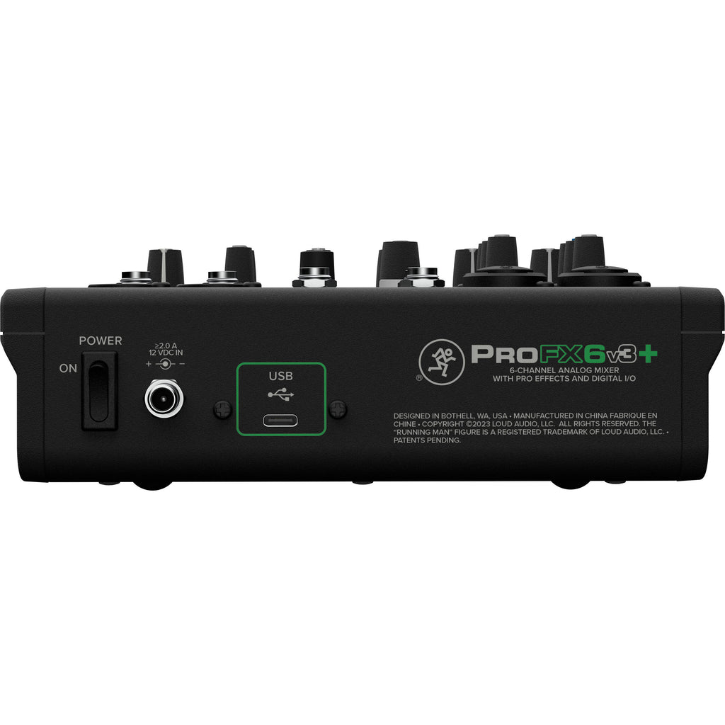 Mackie ProFX6v3+ analog mixer with multiple input channels, knobs, and controls for professional audio mixing.