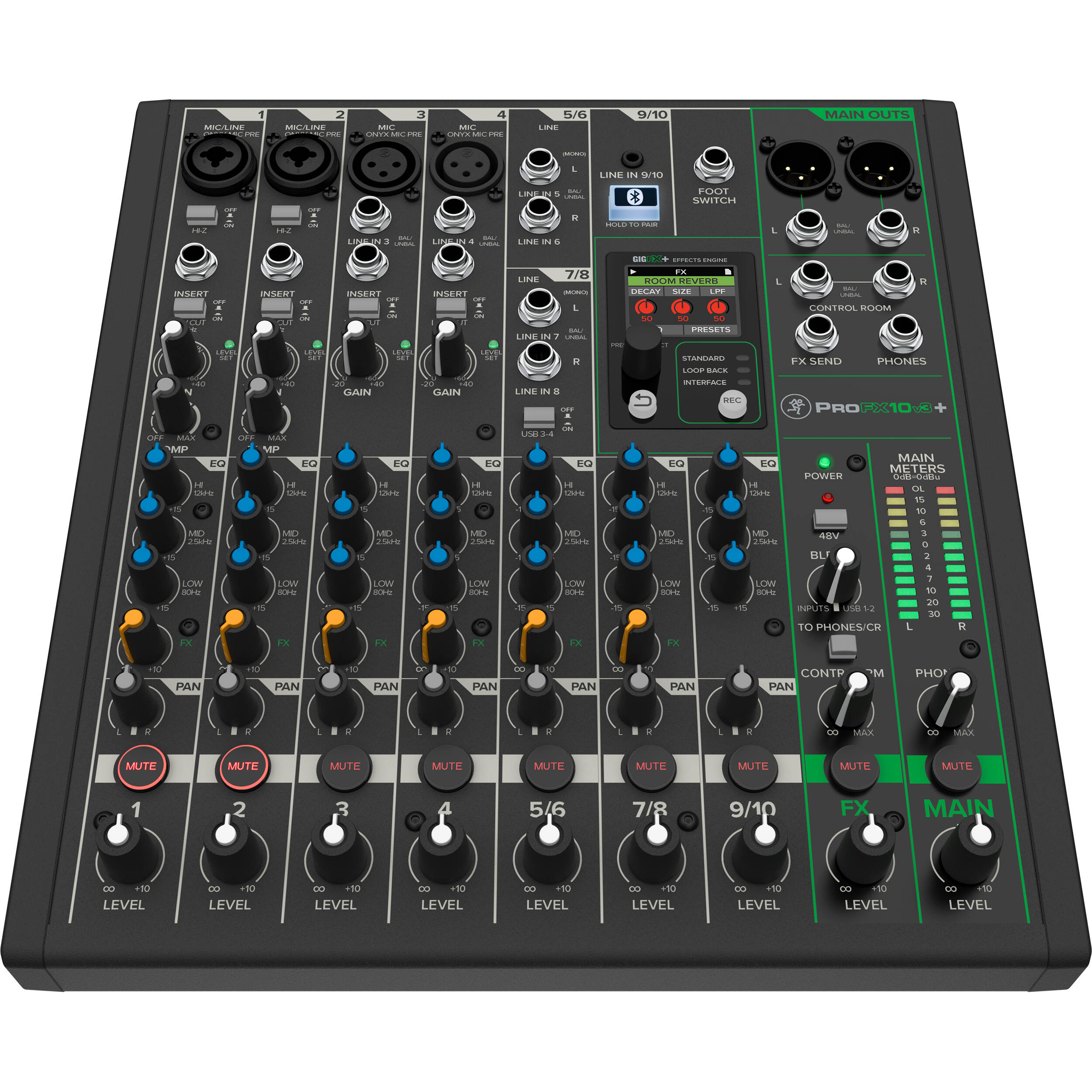 Mackie ProFX10v3+ analog mixer with multiple input channels, knobs, and sliders for professional audio mixing.
