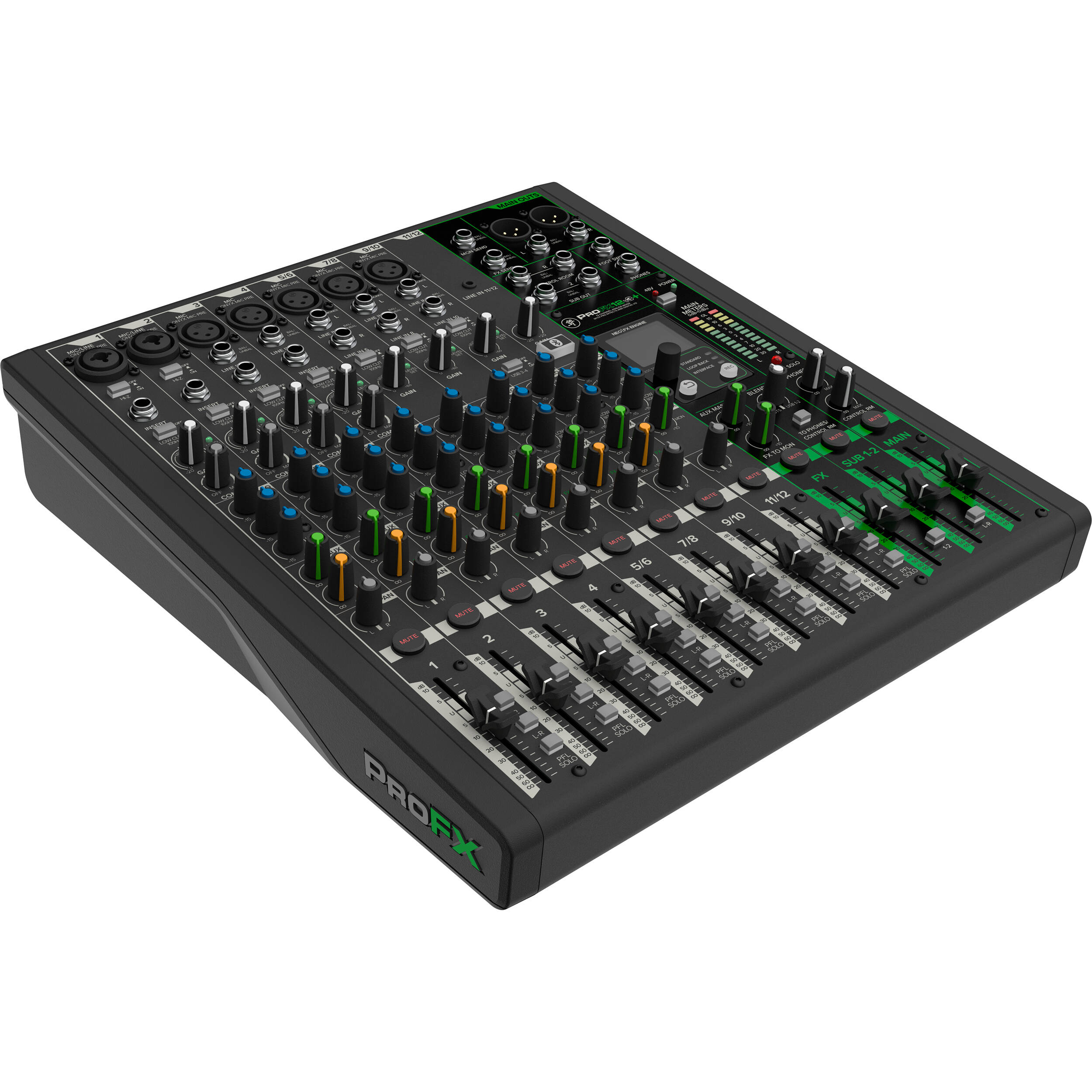 Mackie ProFX12v3+ analog mixer with multiple input channels, EQ controls, and integrated effects for live sound and recording.